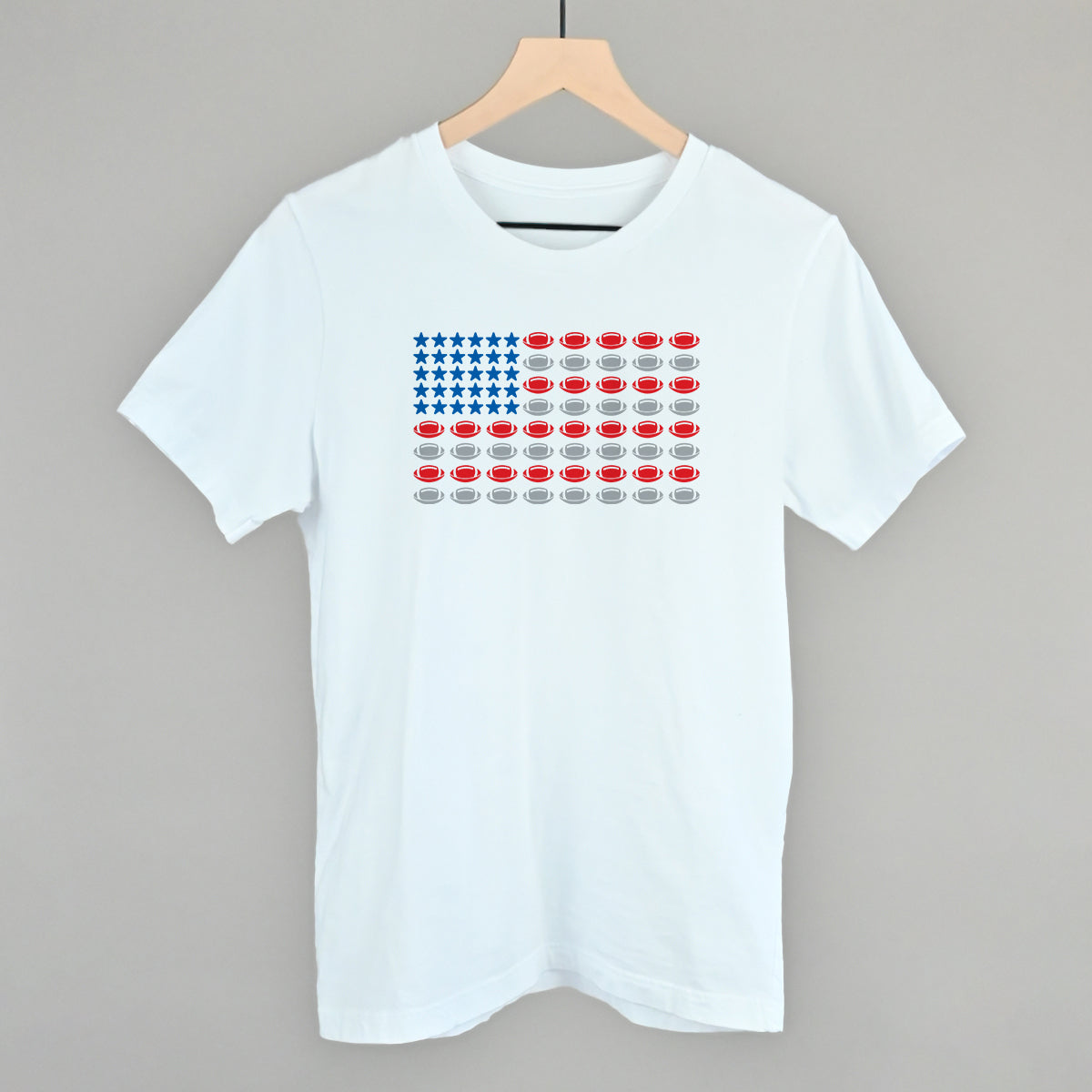 Football American flag design on a white cotton tee