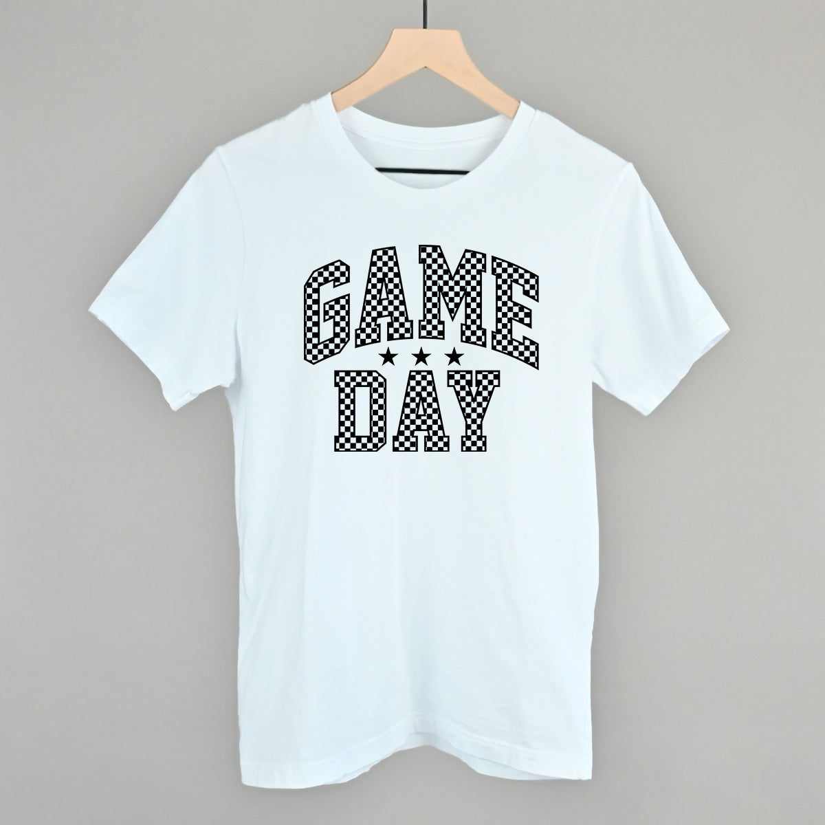 Game Day checkered arch design on a white cotton tee