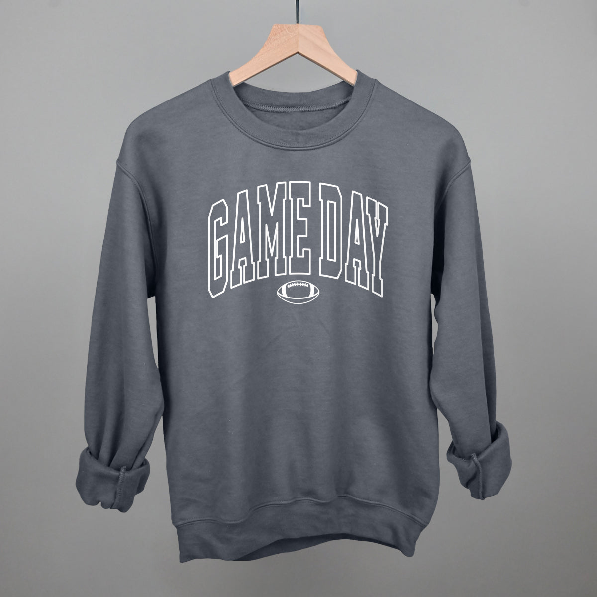 Game Day outlined arch design on a charcoal fleece sweatshirt