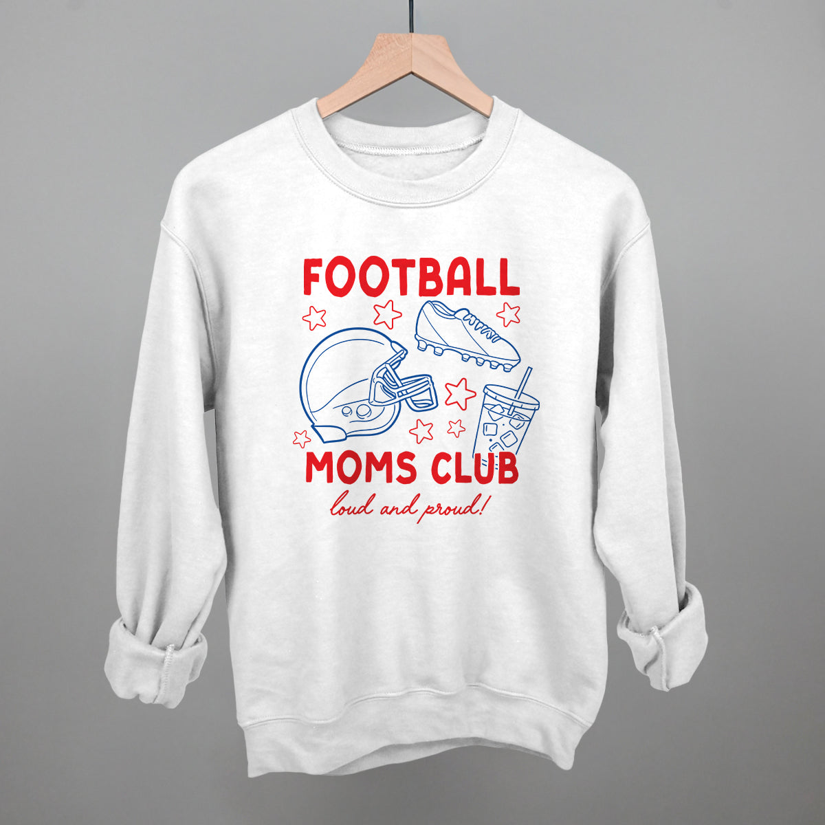 Football Moms Club doodle design on a white fleece crewneck sweatshirt