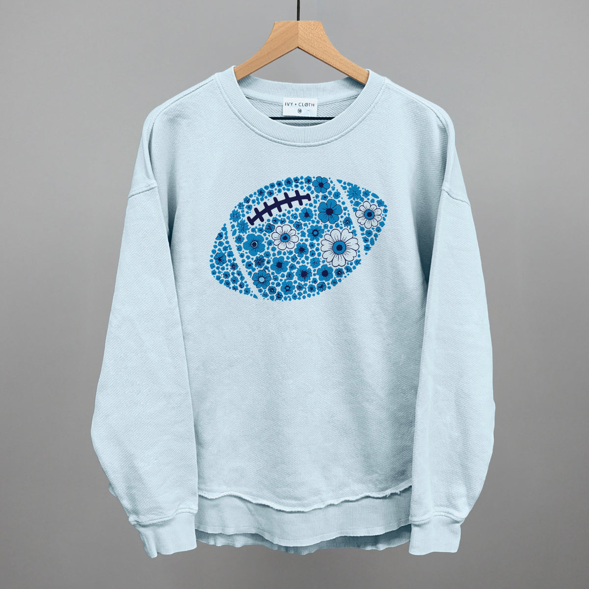 Blue floral football design shown in nantucket breeze