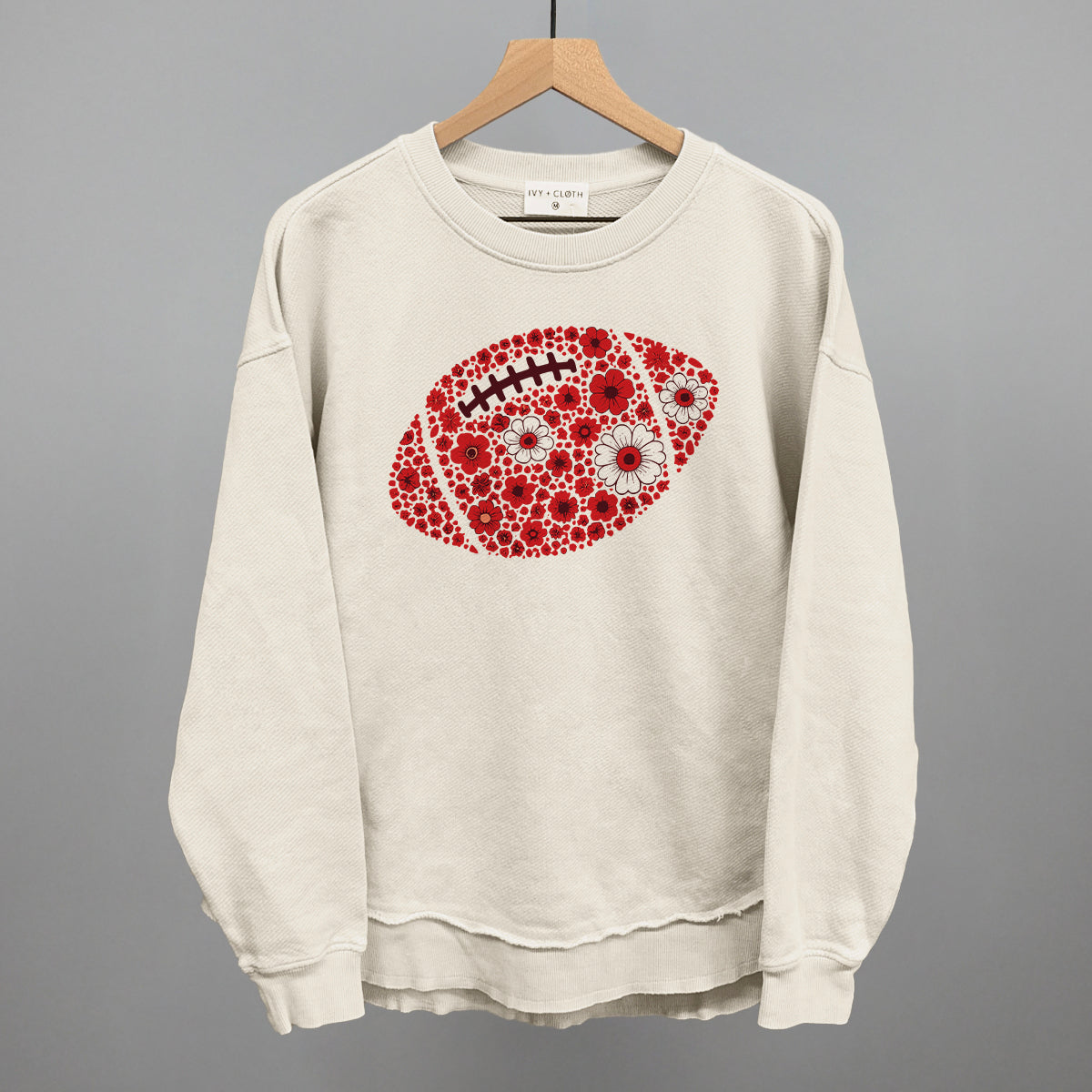 Red floral football design shown in tapioca