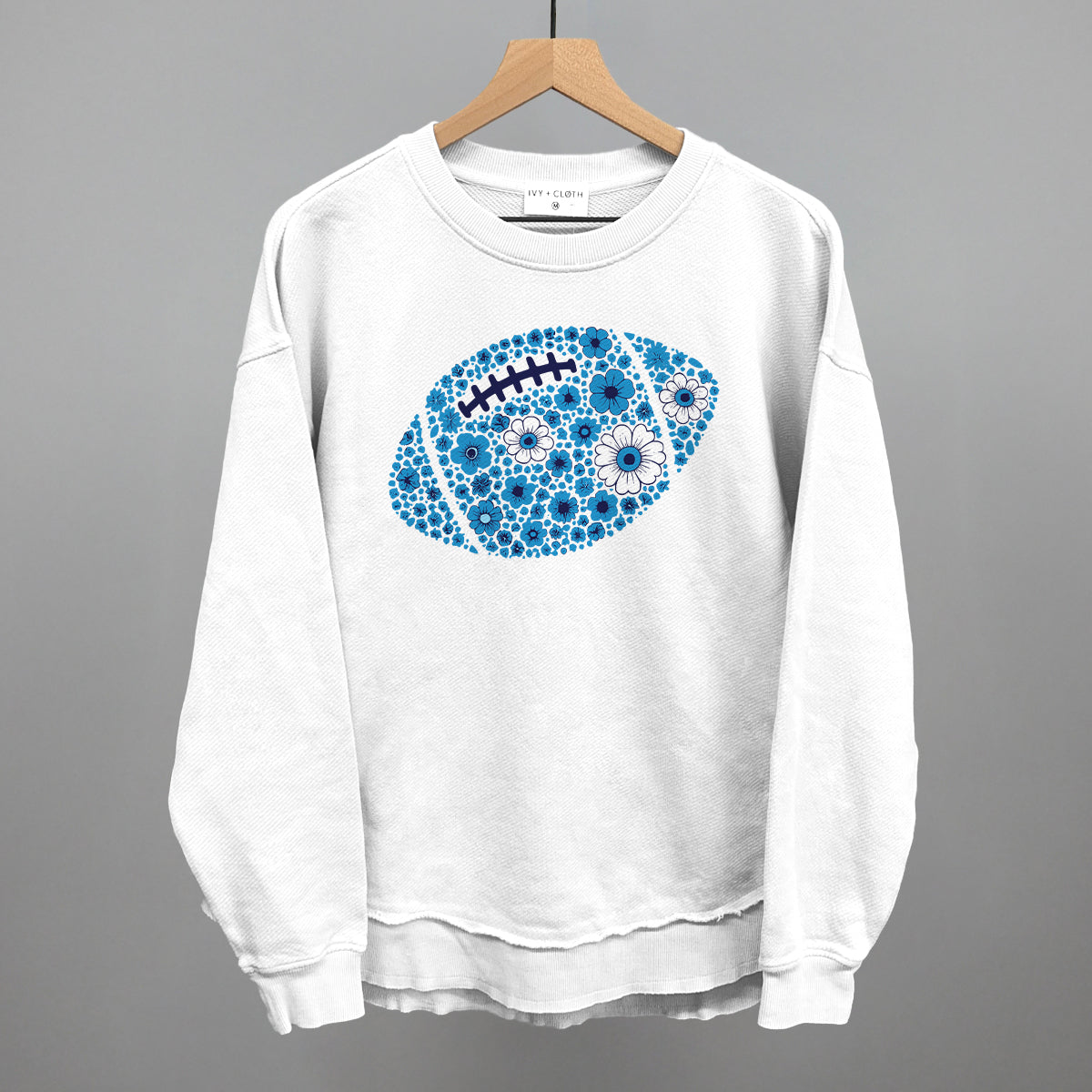 Blue floral football design shown in white