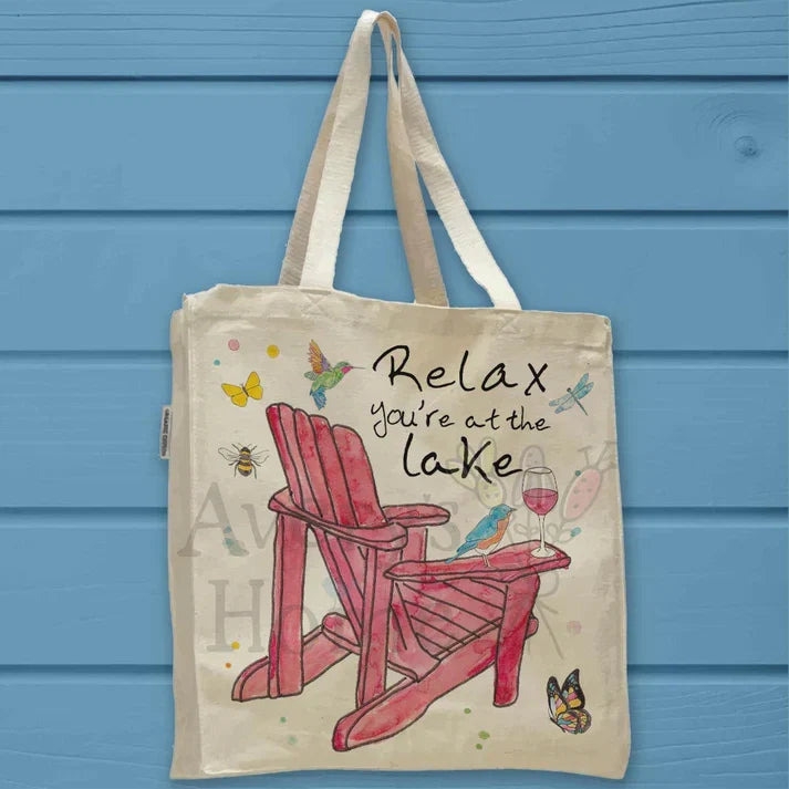 Lake Chair Relaxation cotton tote bag, art by Avery Jackson