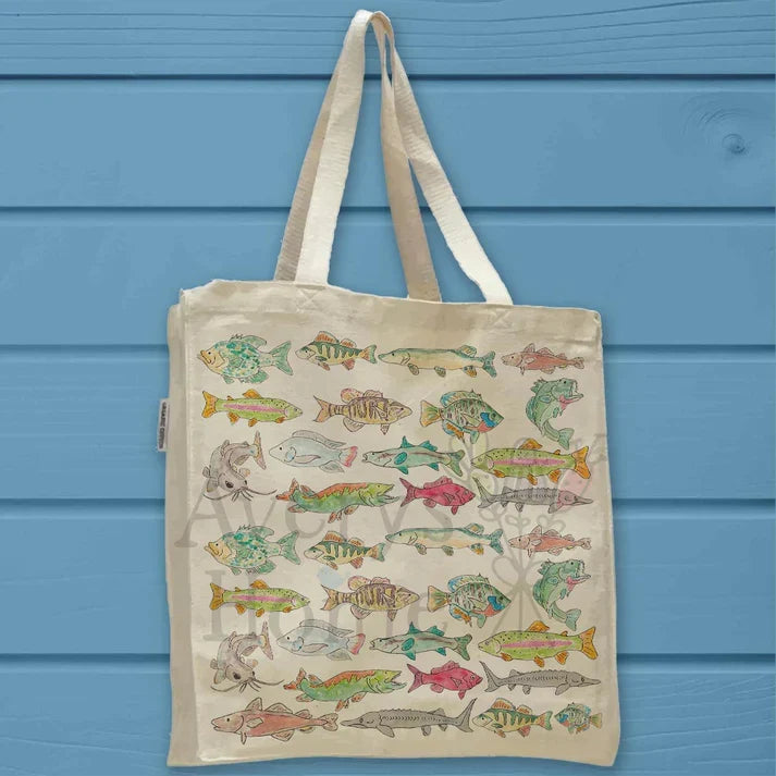 Lake Fish Pattern cotton tote bag, art by Avery Jackson
