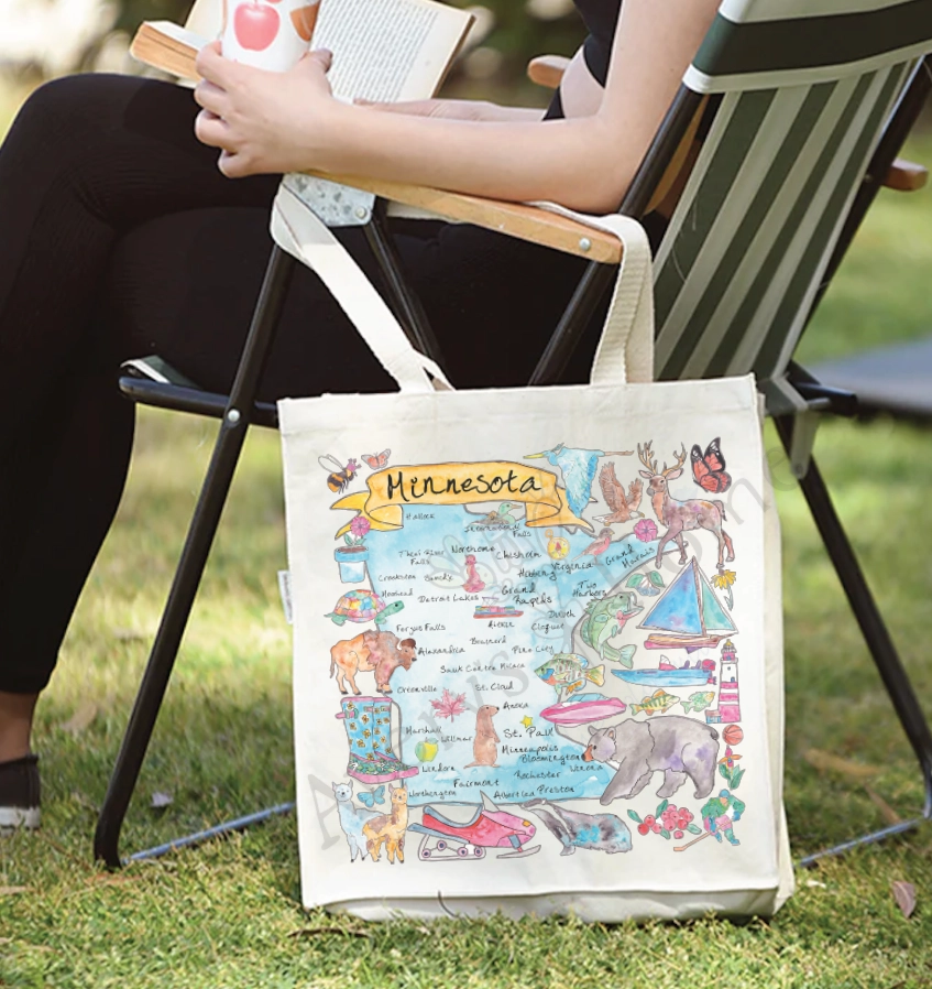 Minnesota State Map cotton tote bag, art by Avery Jackson