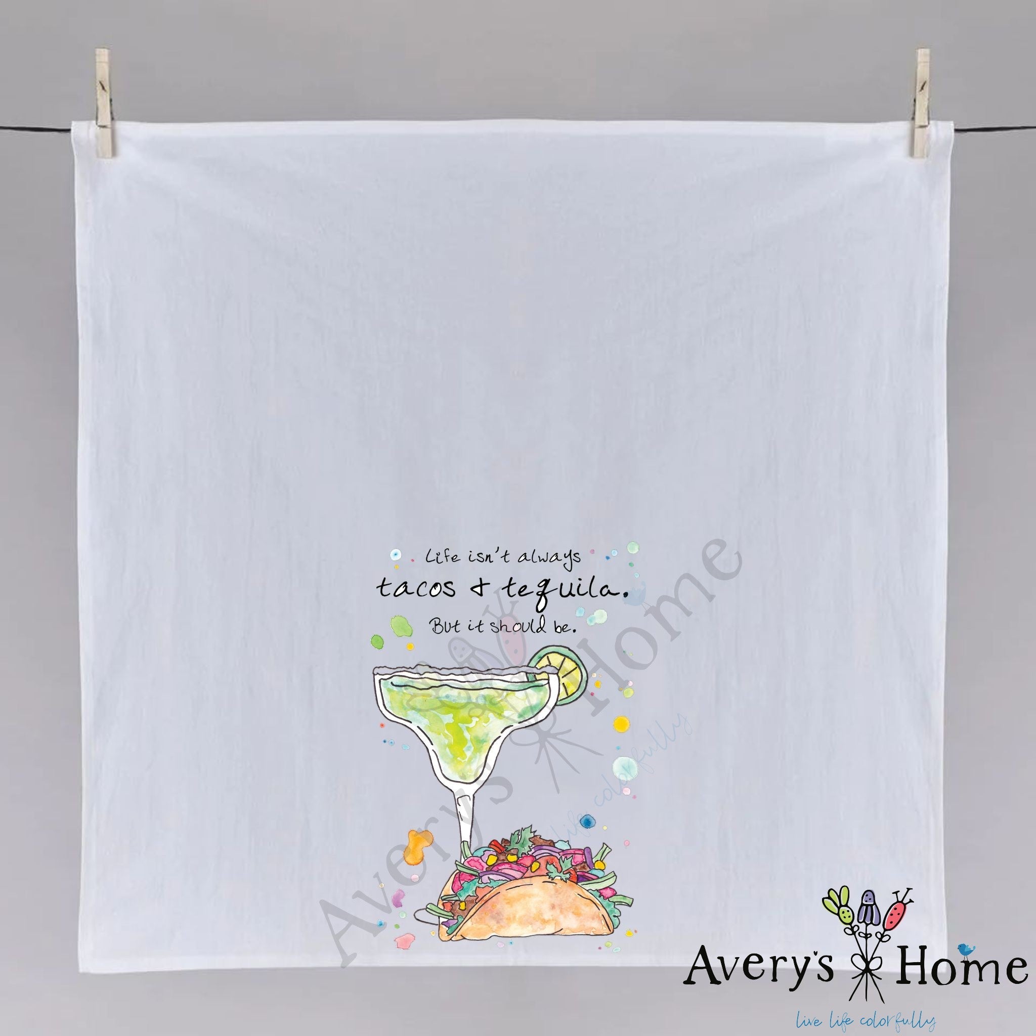 Tacos and Tequila dish towel hanging in the kitchen