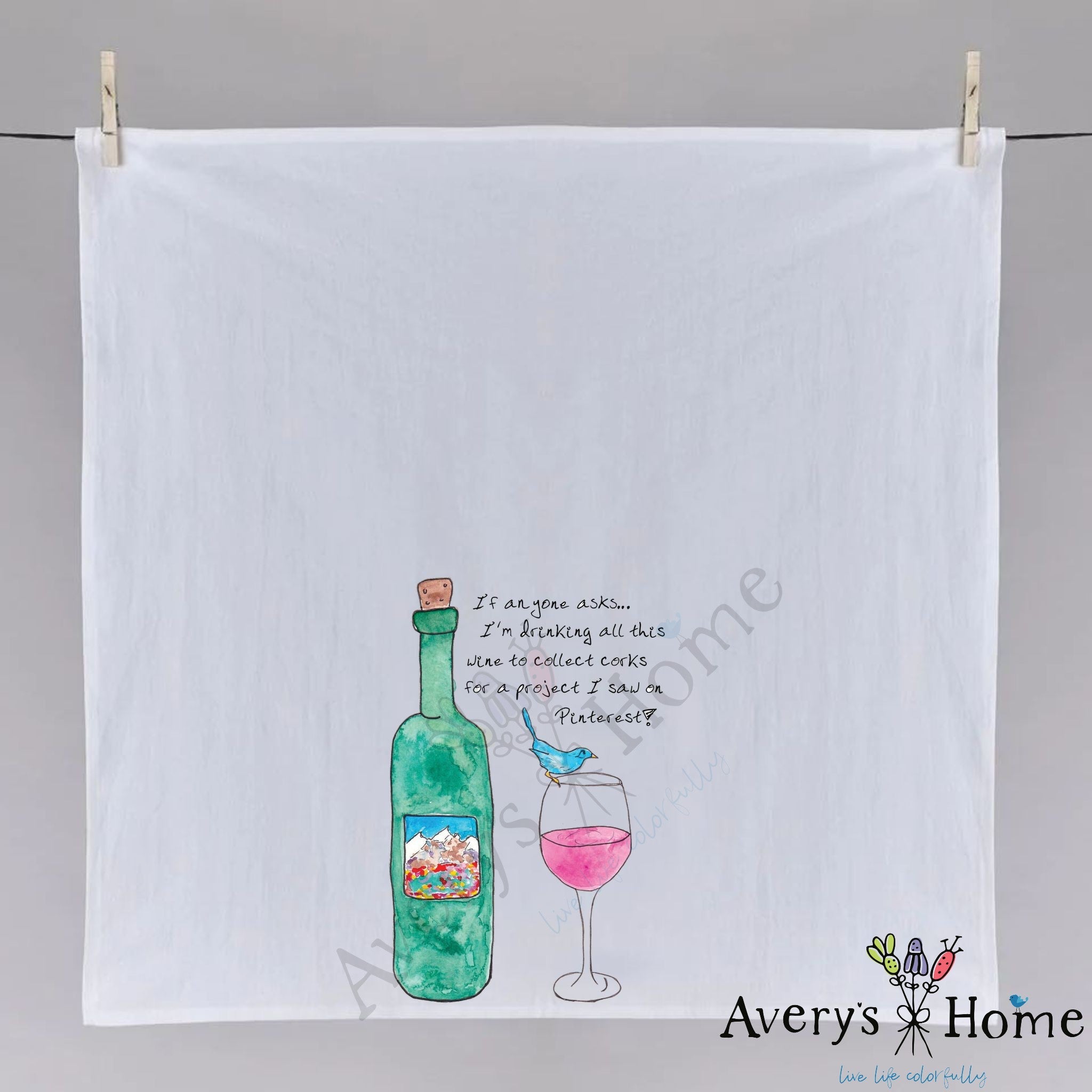 Wine Pinterest Project dish towel hanging in the kitchen