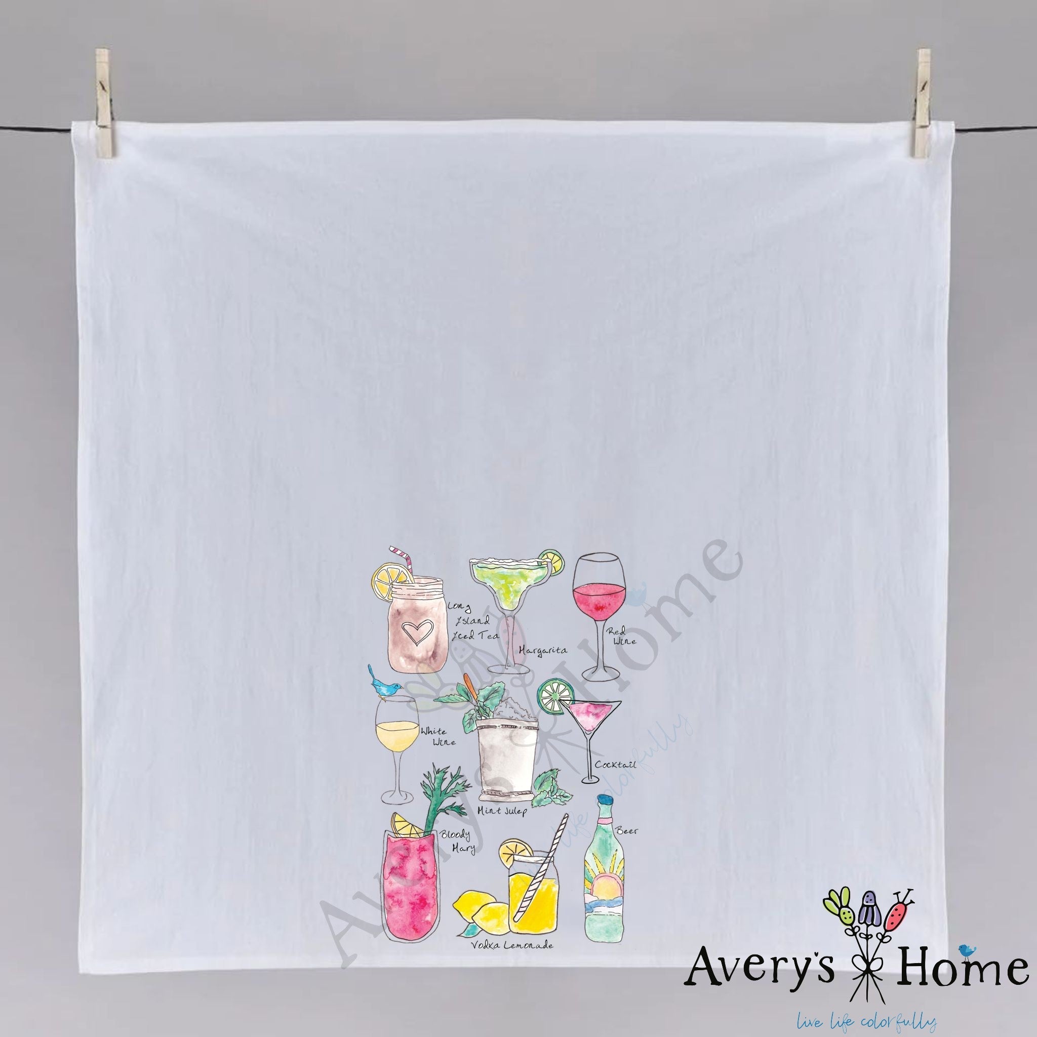 Favorite Cocktails dish towel hanging in the kitchen