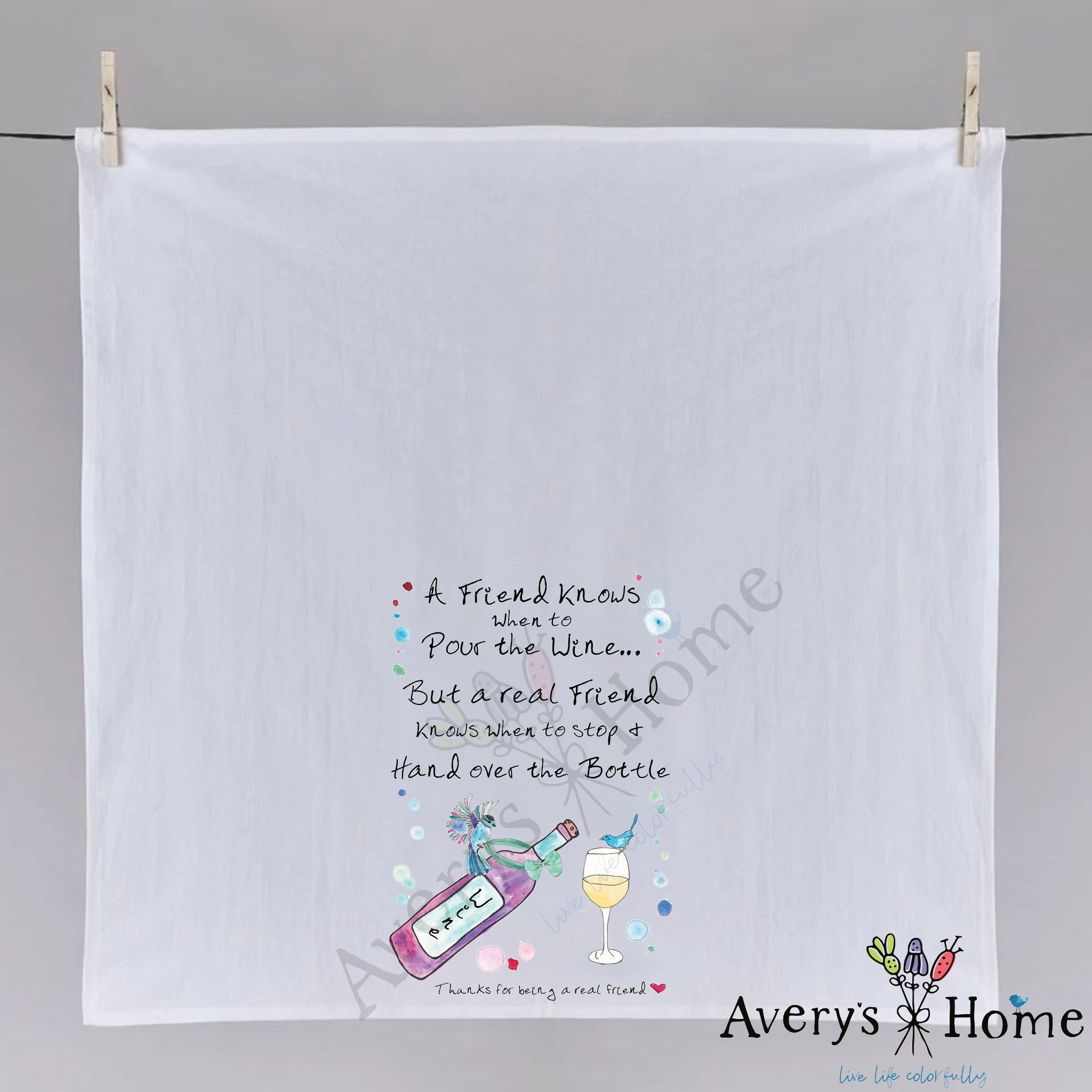 A Friend Pours the Wine dish towel fully open, 27x27 flour sack cotton