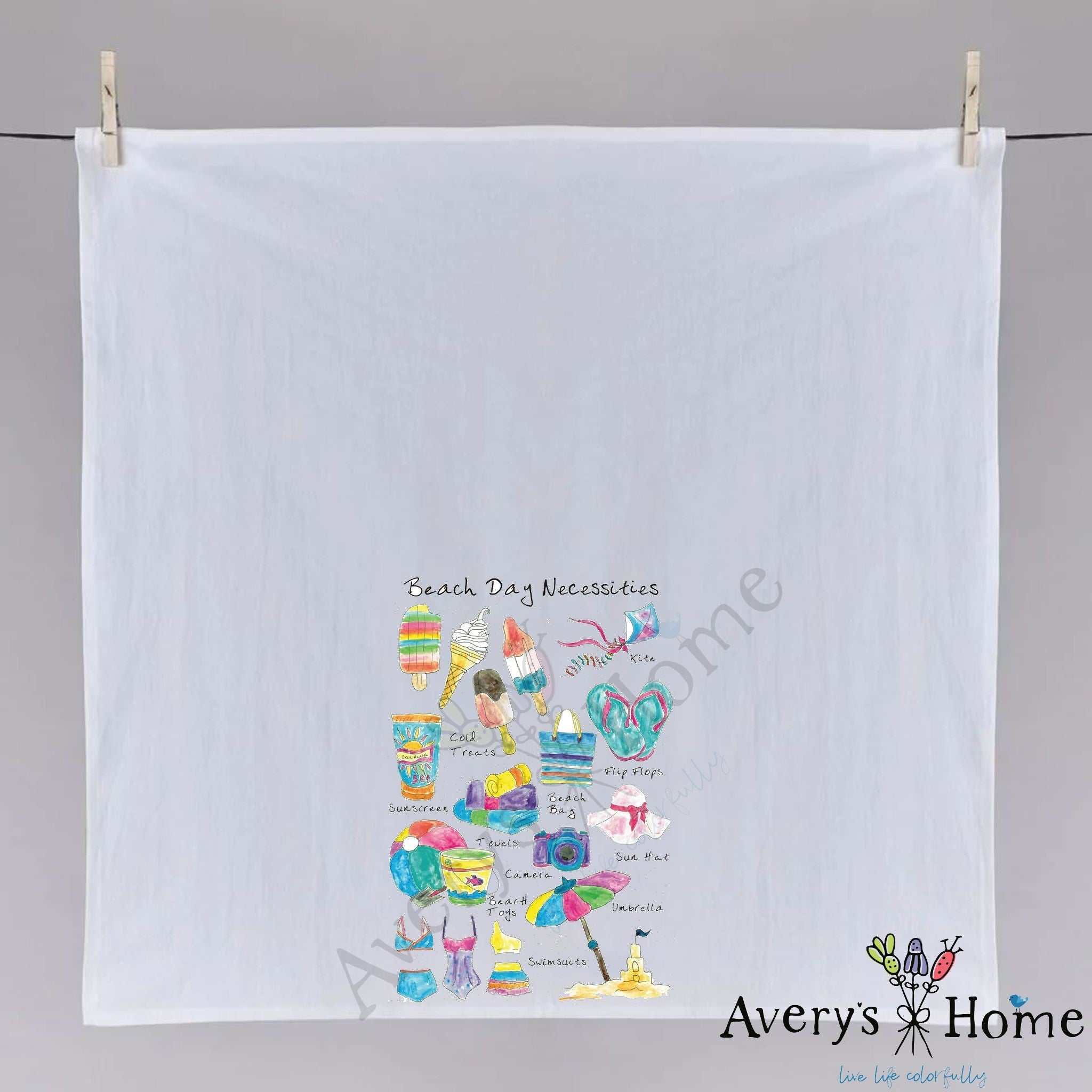 Beach Day Necessities dish towel hanging in the kitchen
