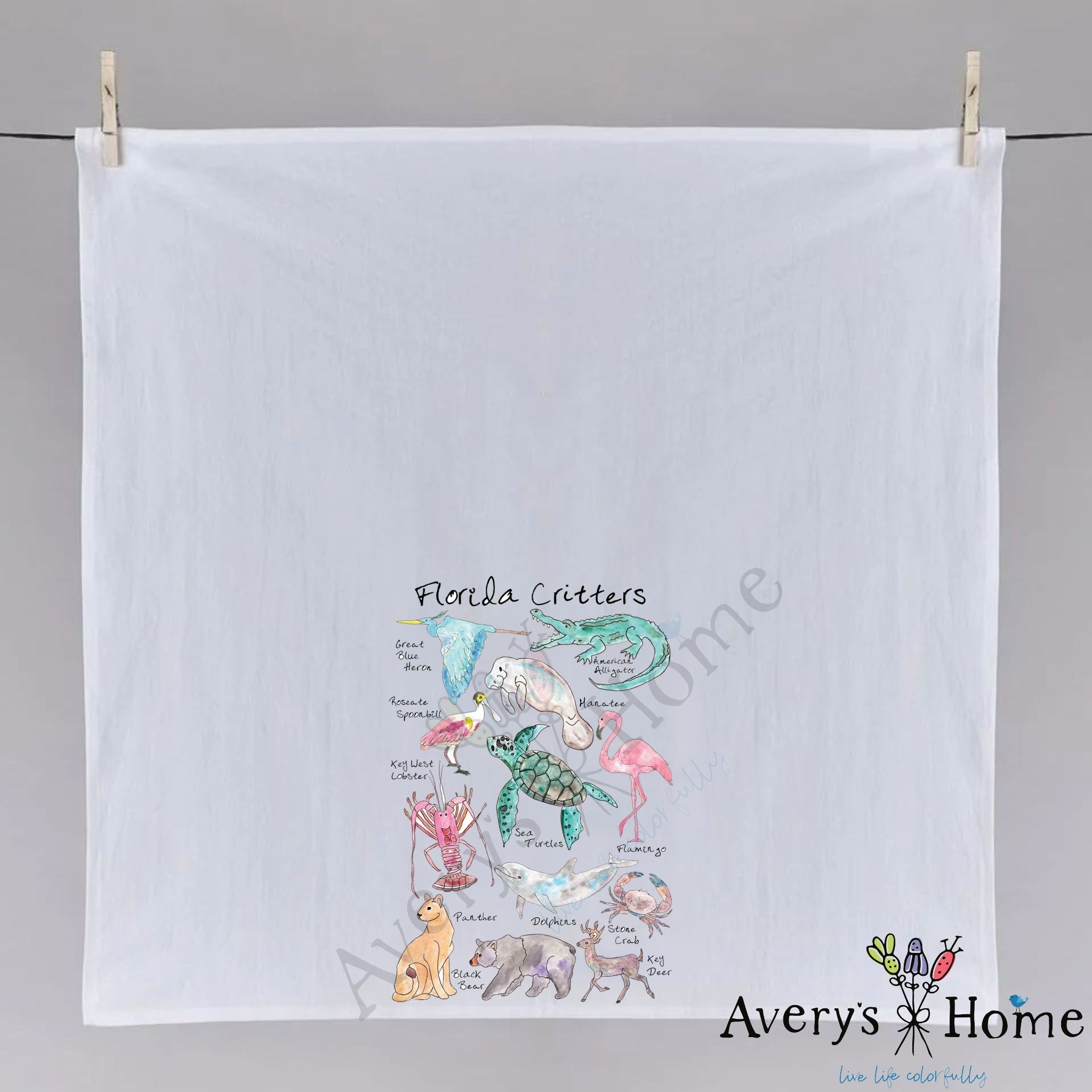Florida Critters dish towel hanging in the kitchen