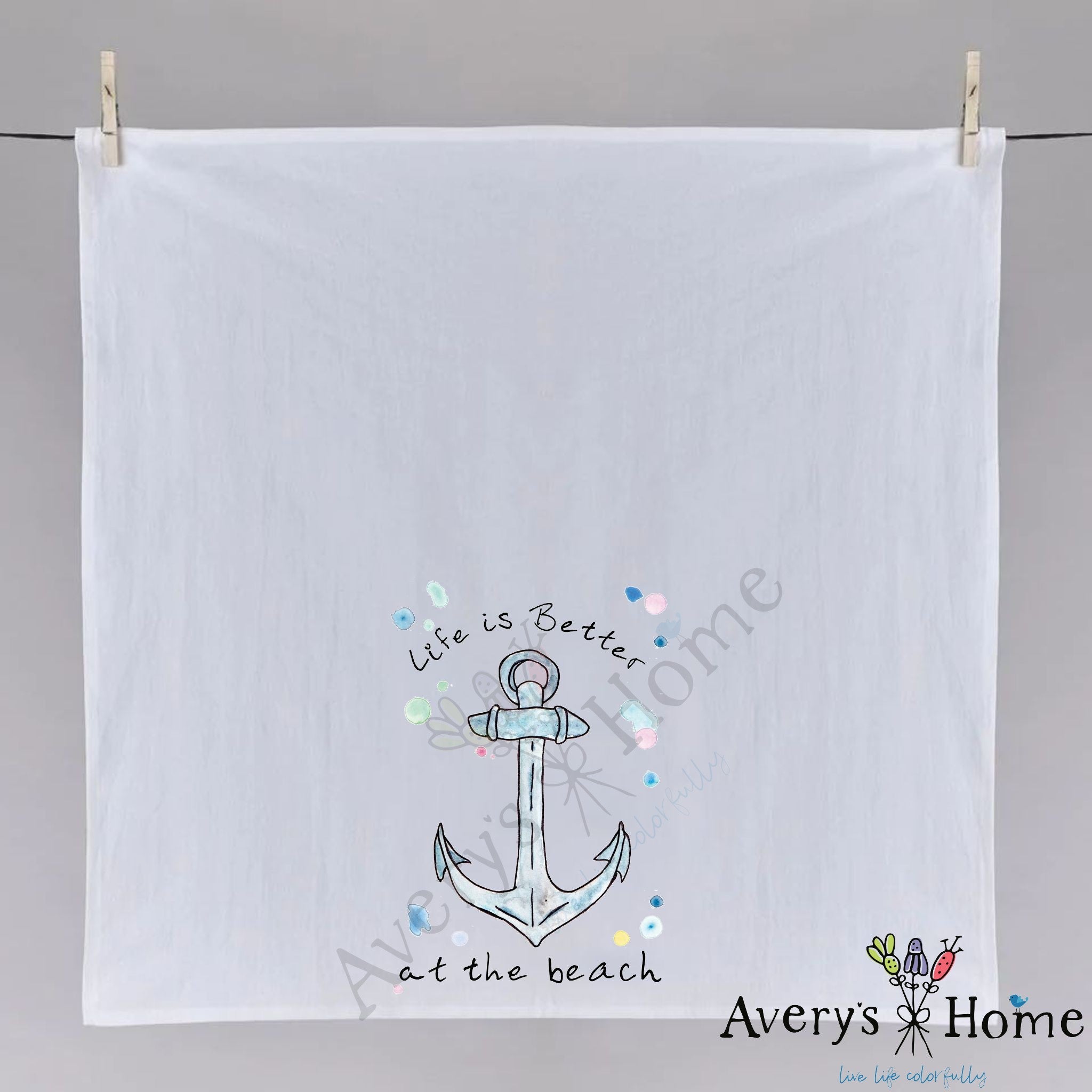Life is Better at the Beach Anchor dish towel folded, hemmed on all four sides