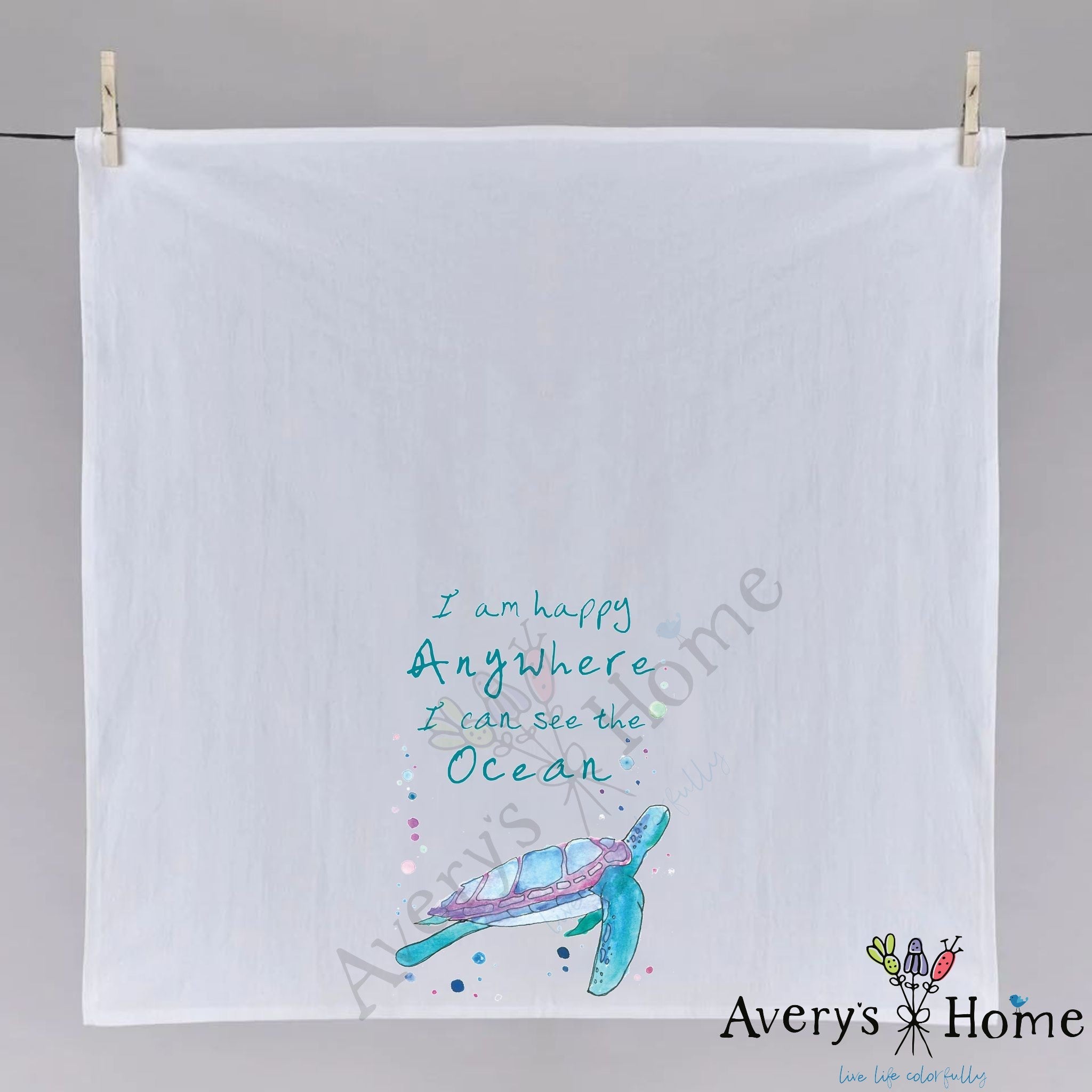 I am Happy Anywhere…Ocean Turtle dish towel folded, hemmed on all four sides