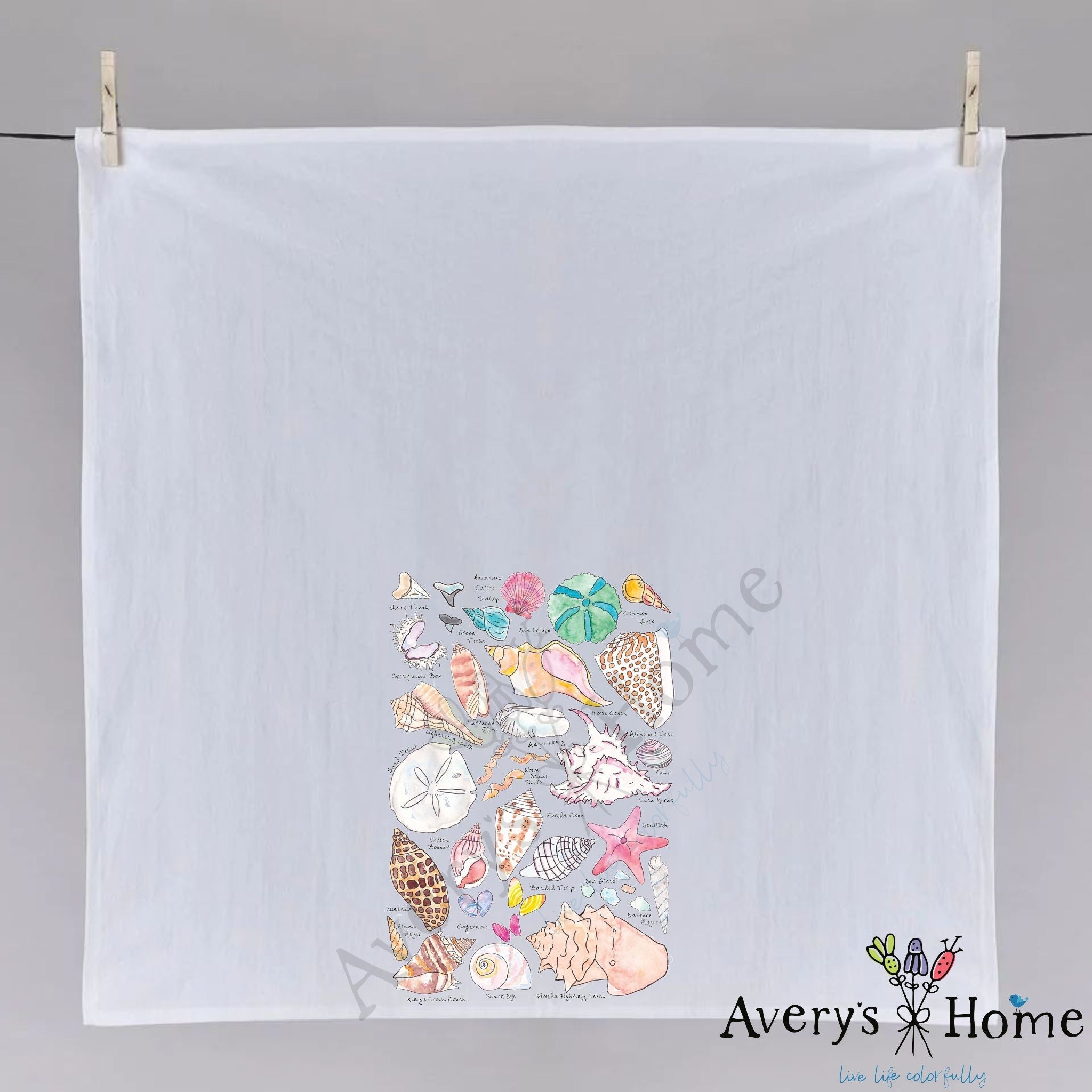 Seashell Collector dish towel hanging in the kitchen