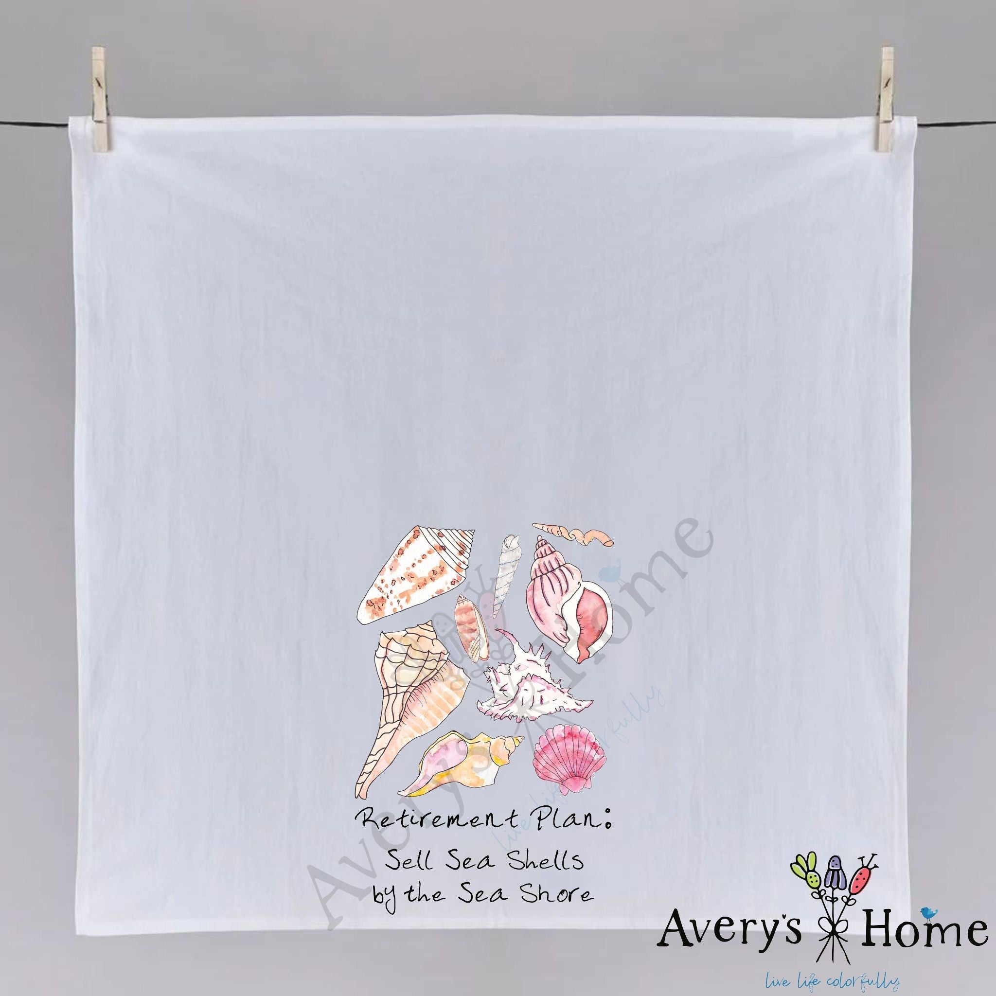 Beach Retirement Plan dish towel fully open, 27x27 flour sack cotton