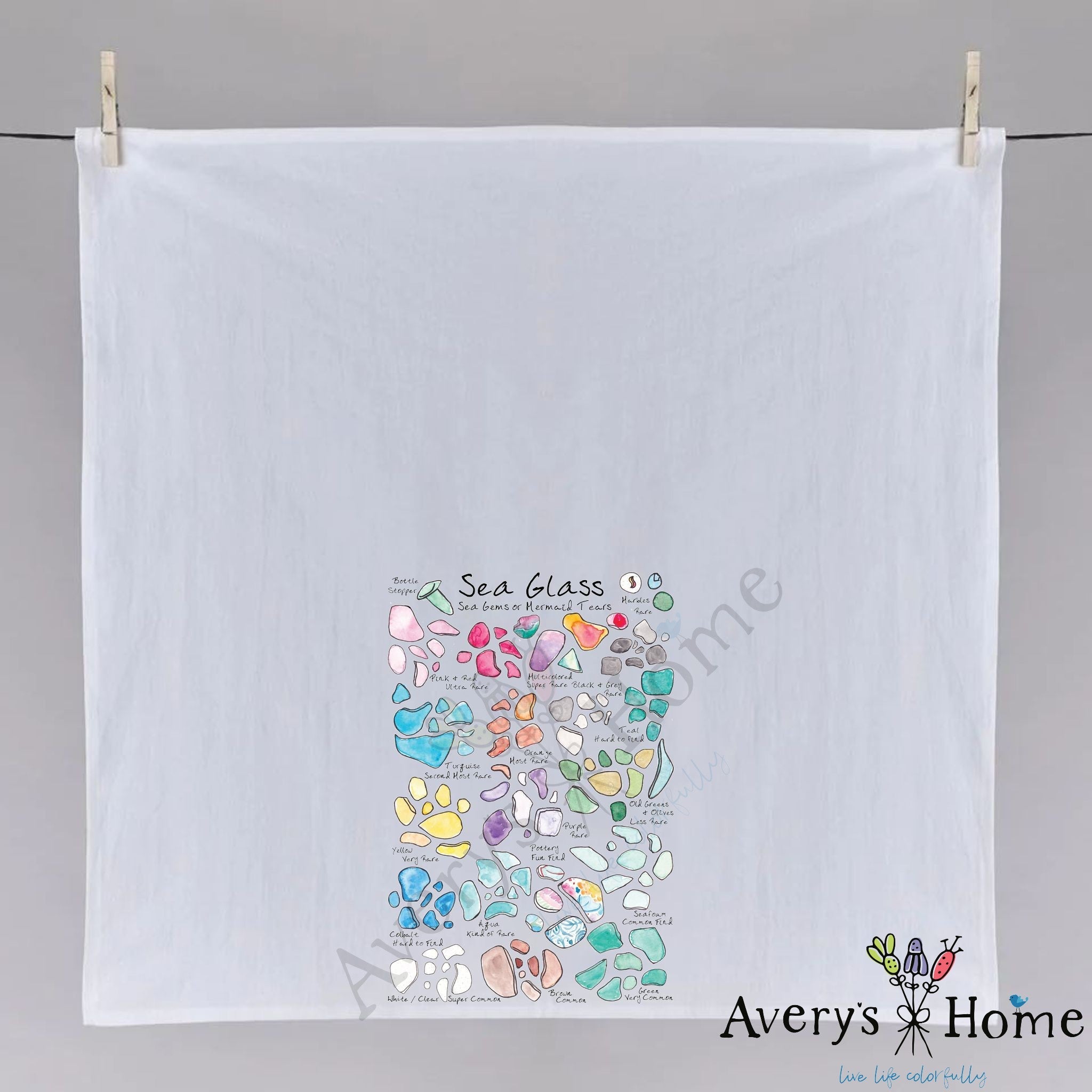 Sea Glass Collector dish towel hanging in the kitchen