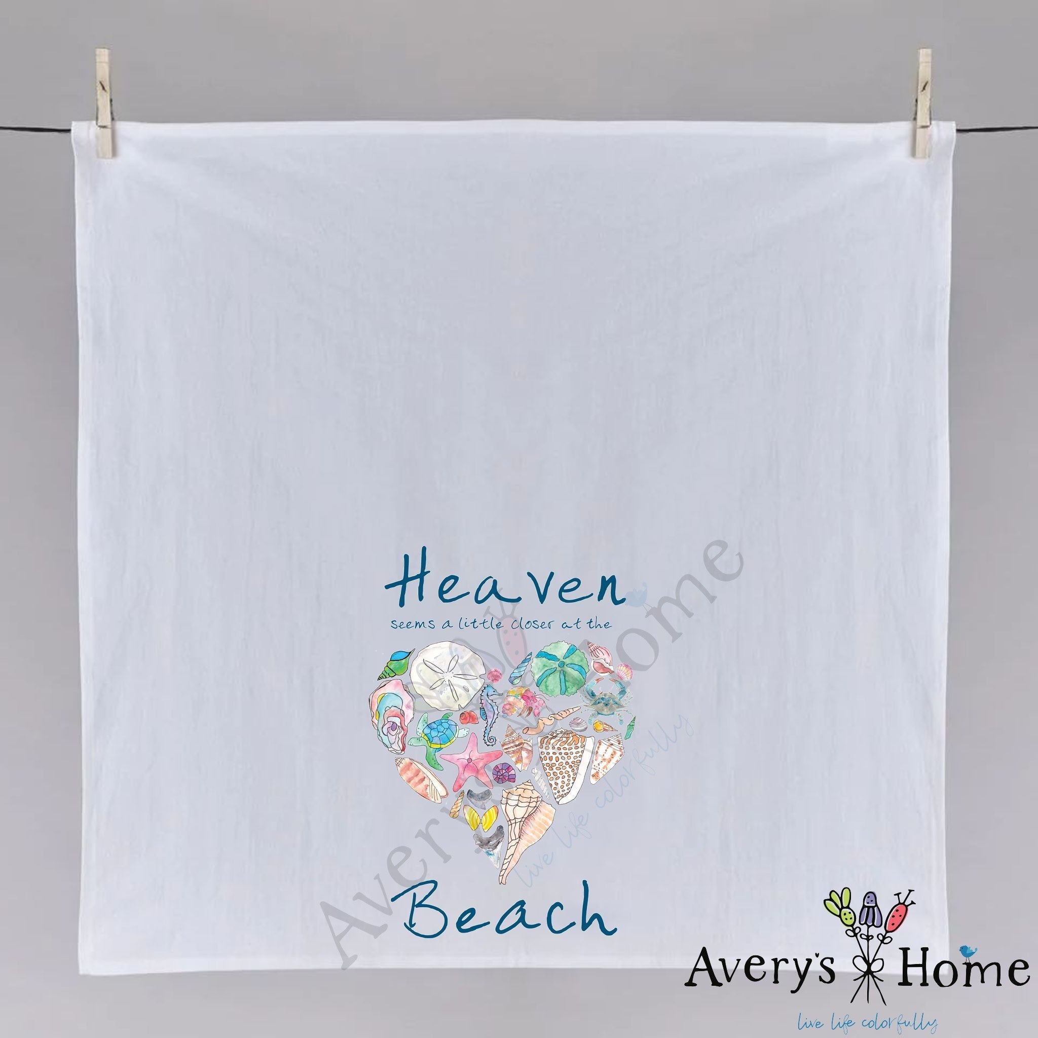 Heaven At the Beach dish towel folded, hemmed on all four sides