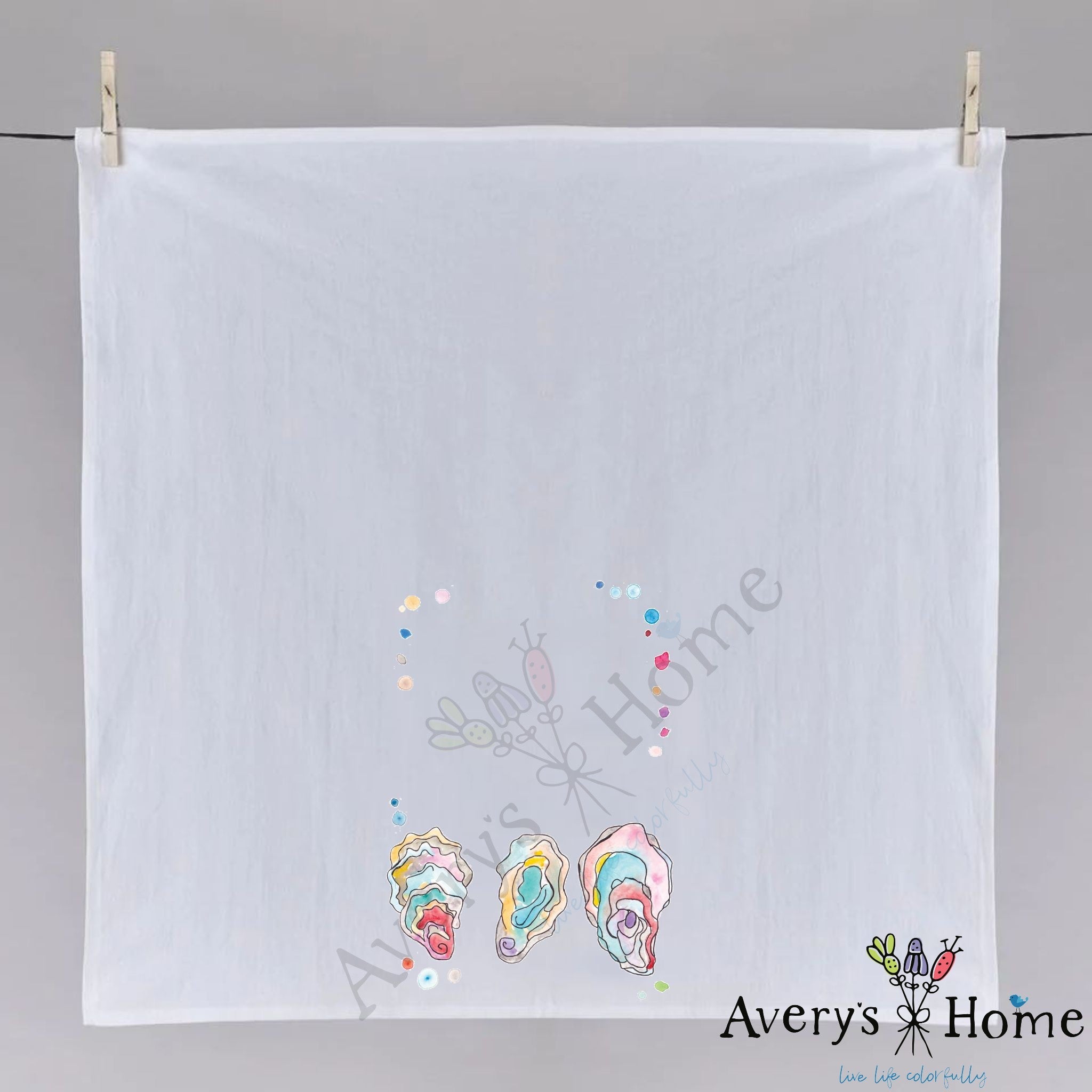 Oyster Shells dish towel folded, hemmed on all four sides