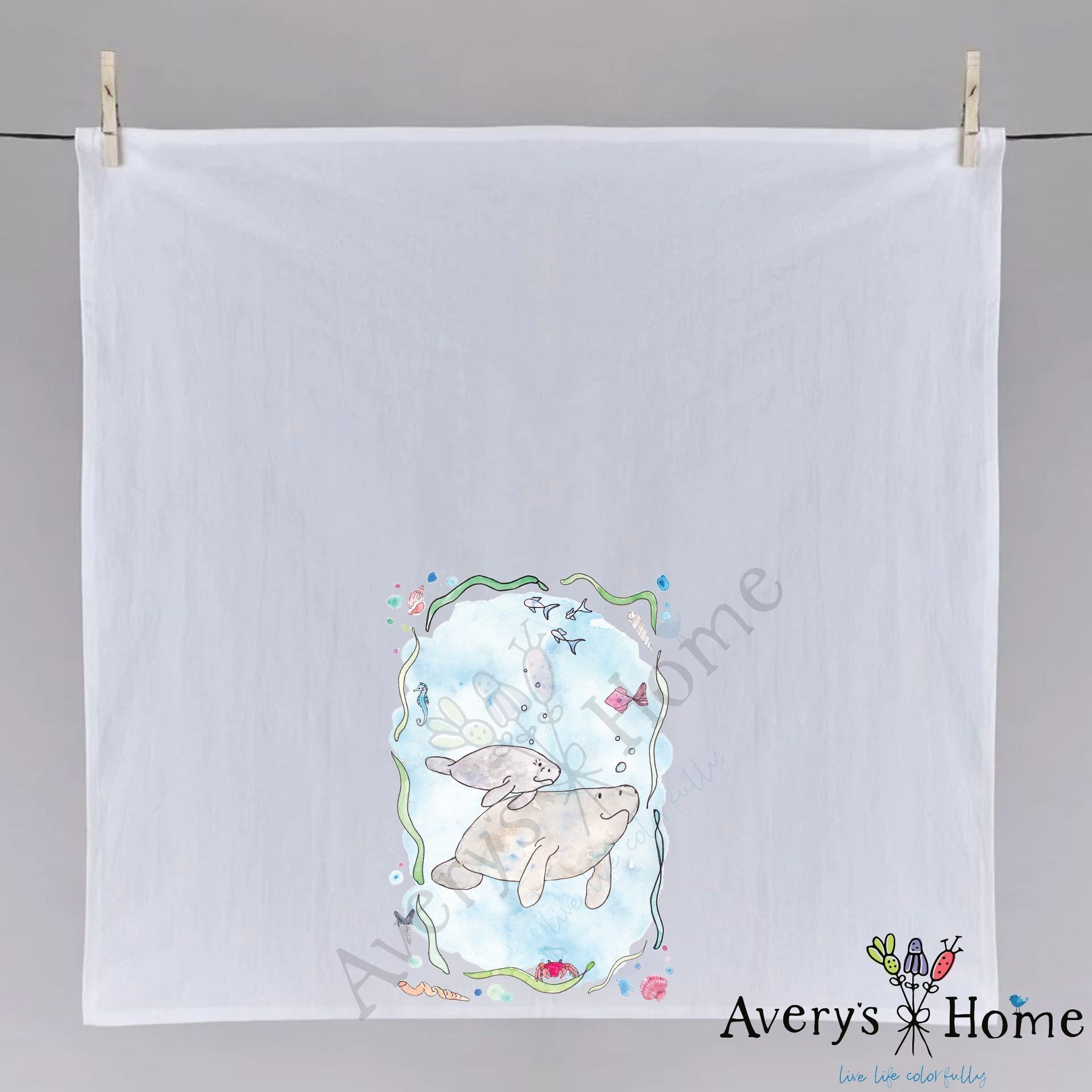 Manatee Mom and Baby dish towel folded, hemmed on all four sides