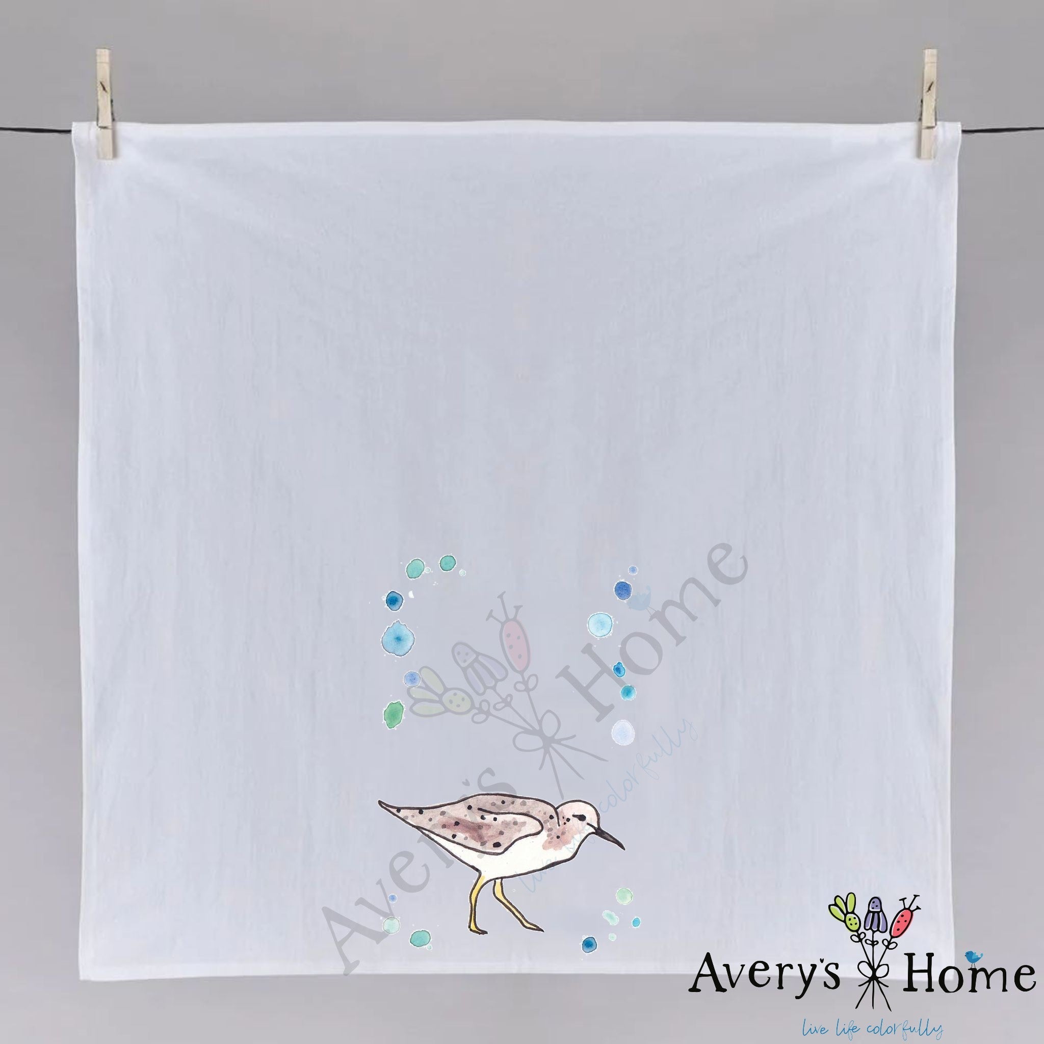 Sandpiper dish towel folded, hemmed on all four sides