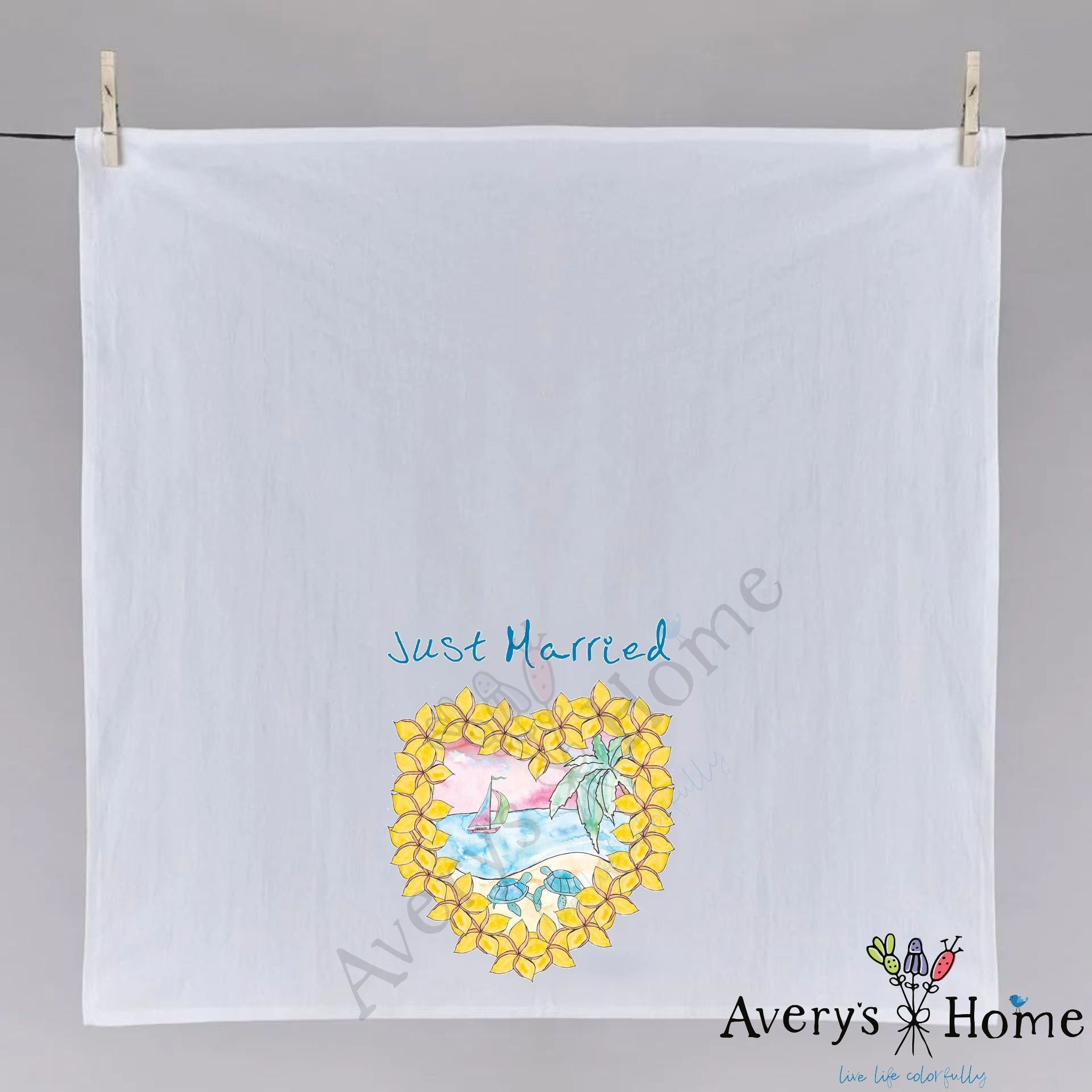 Just Married dish towel hanging in the kitchen