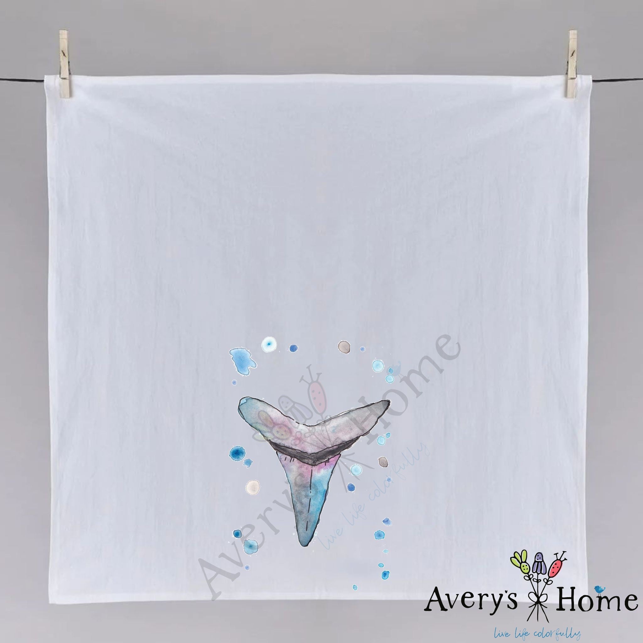 Shark Tooth dish towel hanging in the kitchen