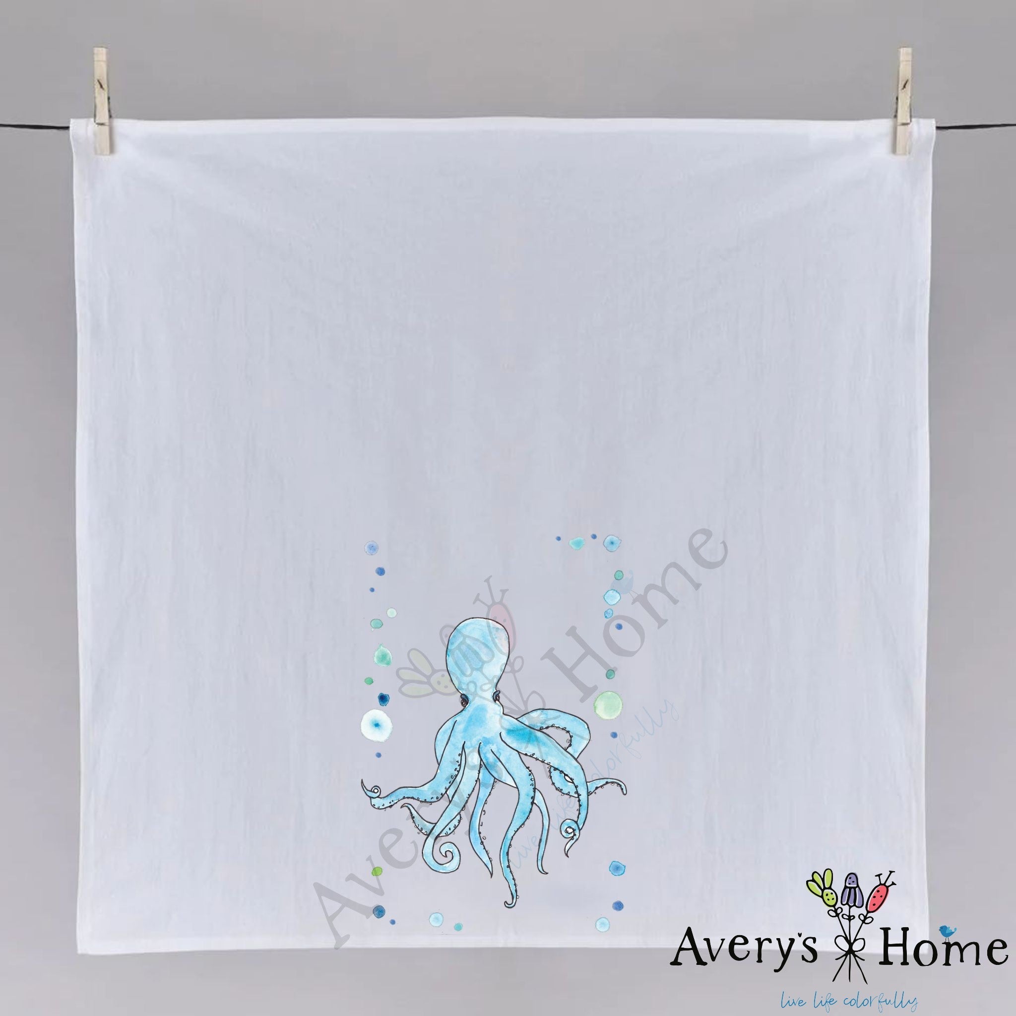 Octopus Cute dish towel folded, hemmed on all four sides