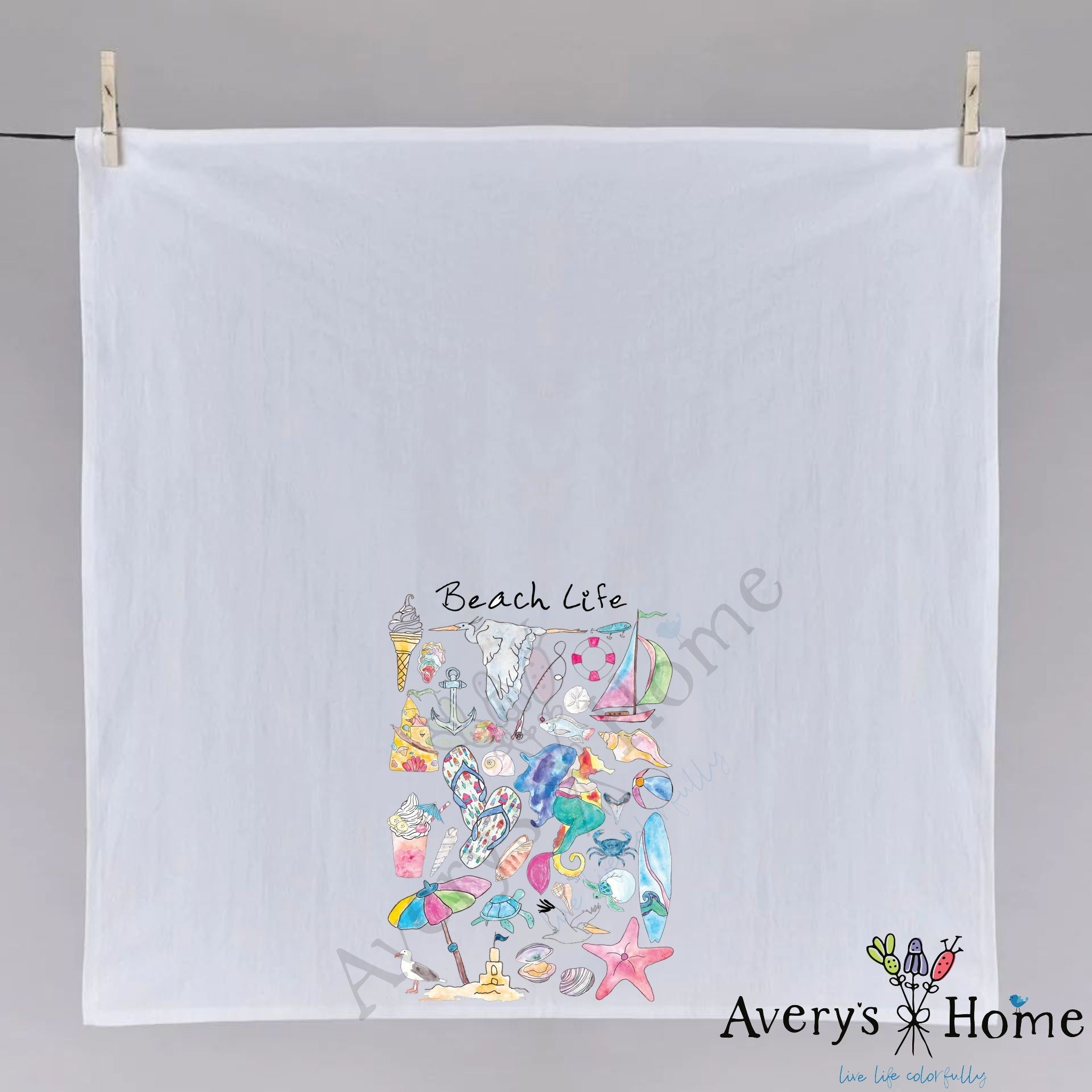 Beach Life dish towel fully open, 27x27 flour sack cotton