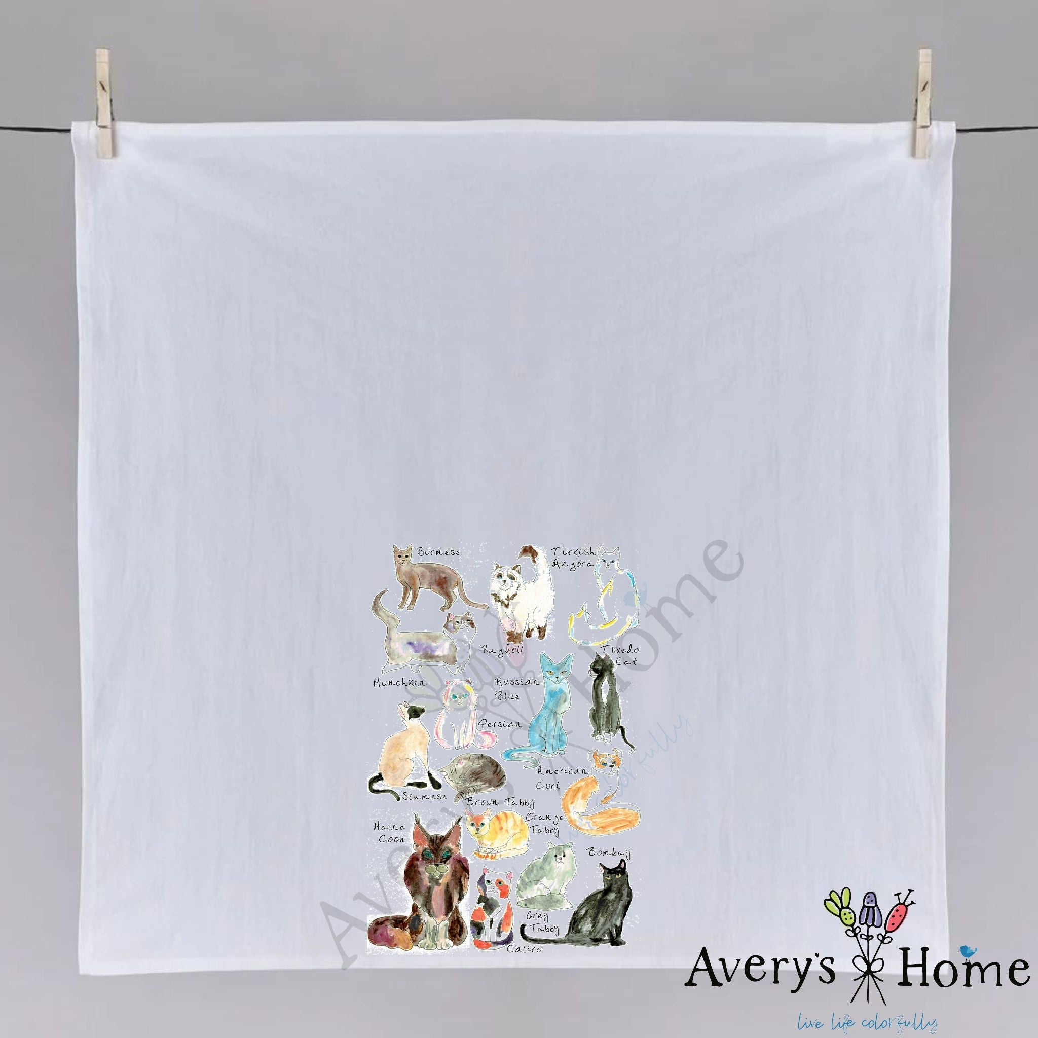Cat Breeds dish towel hanging in the kitchen