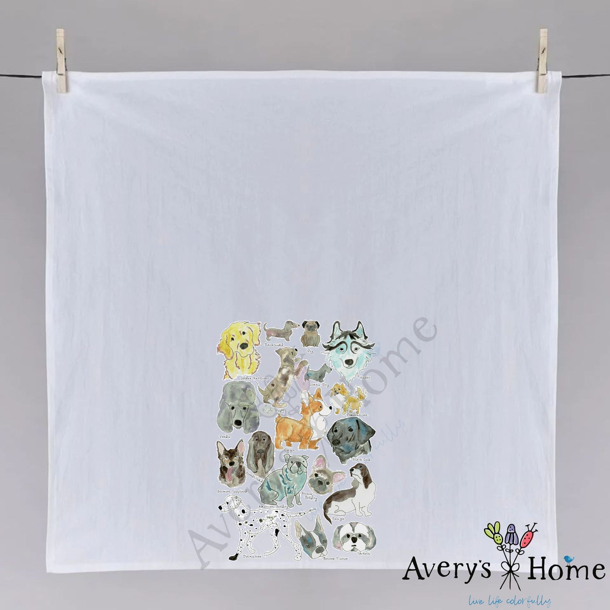 Dog Breeds dish towel hanging in the kitchen
