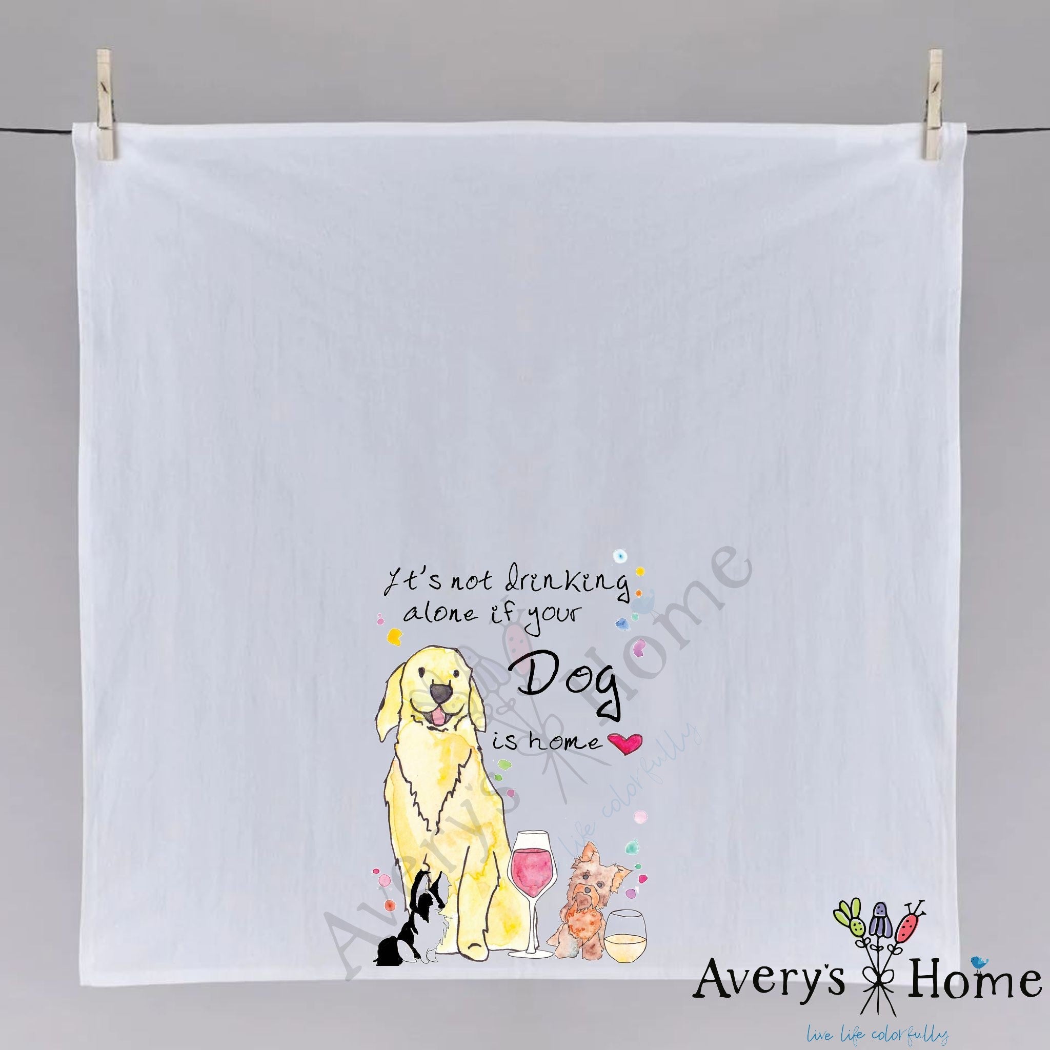 Dog Drinking Buddy dish towel hanging in the kitchen