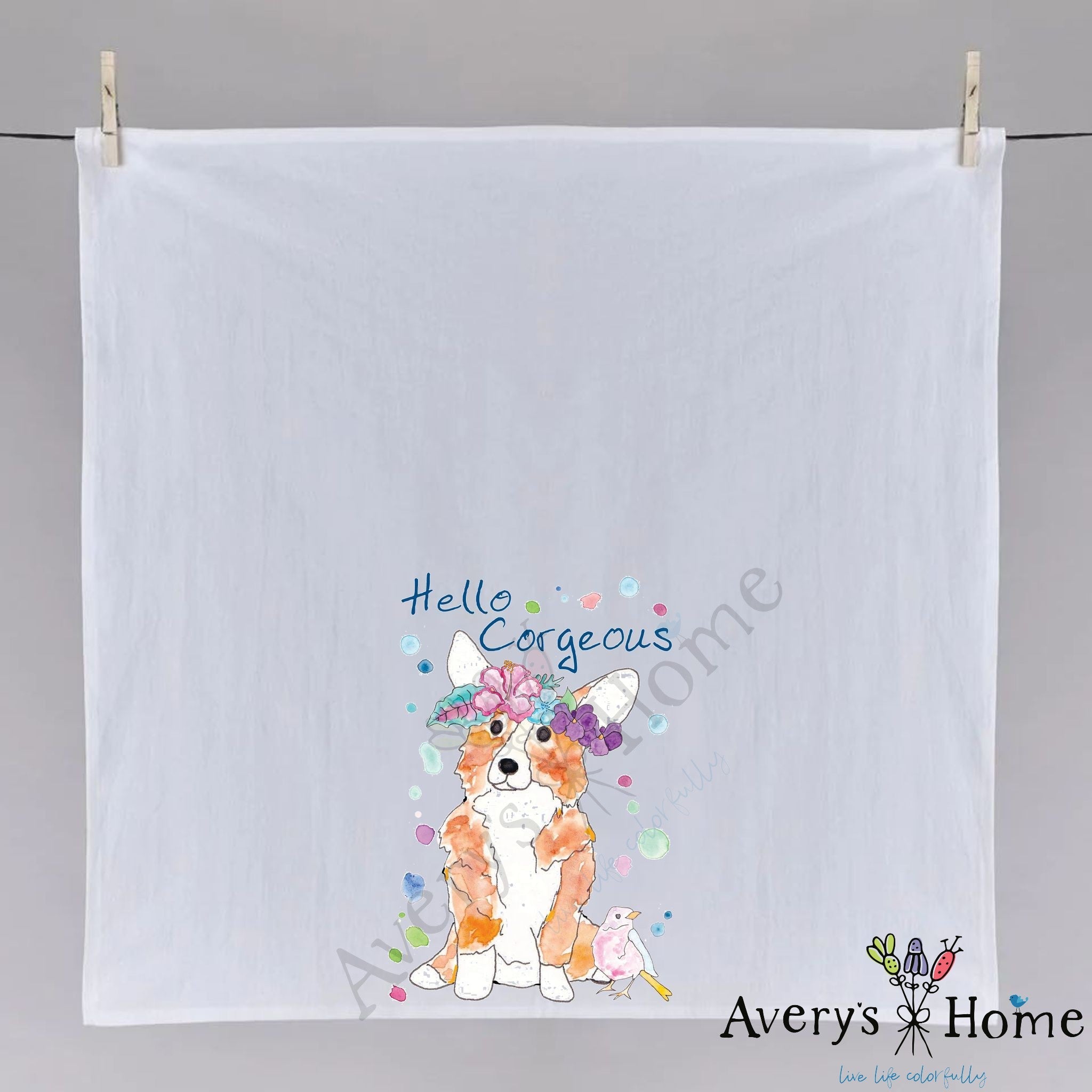 Hello Corgeous Summer Corgi dish towel fully open, 27x27 flour sack cotton