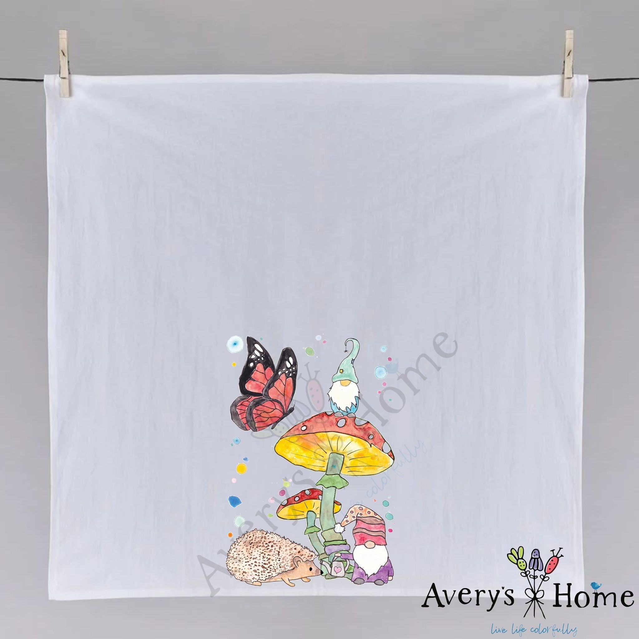 Gnome and Hedgehog dish towel folded, hemmed on all four sides