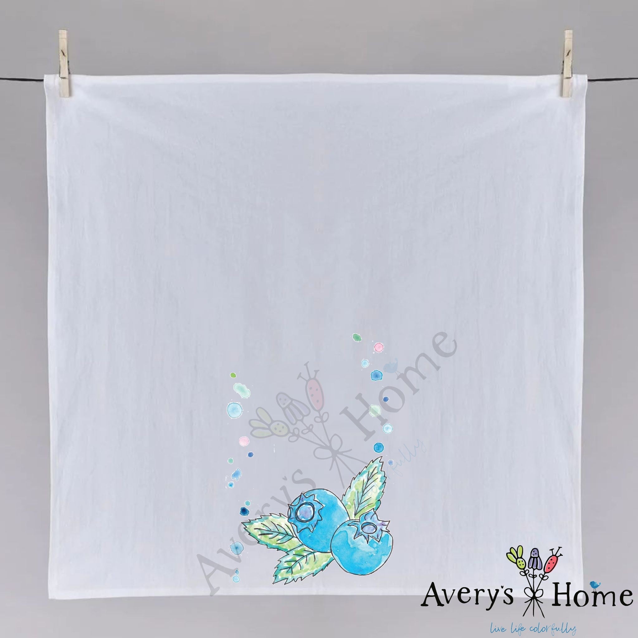 Blueberries dish towel folded, hemmed on all four sides