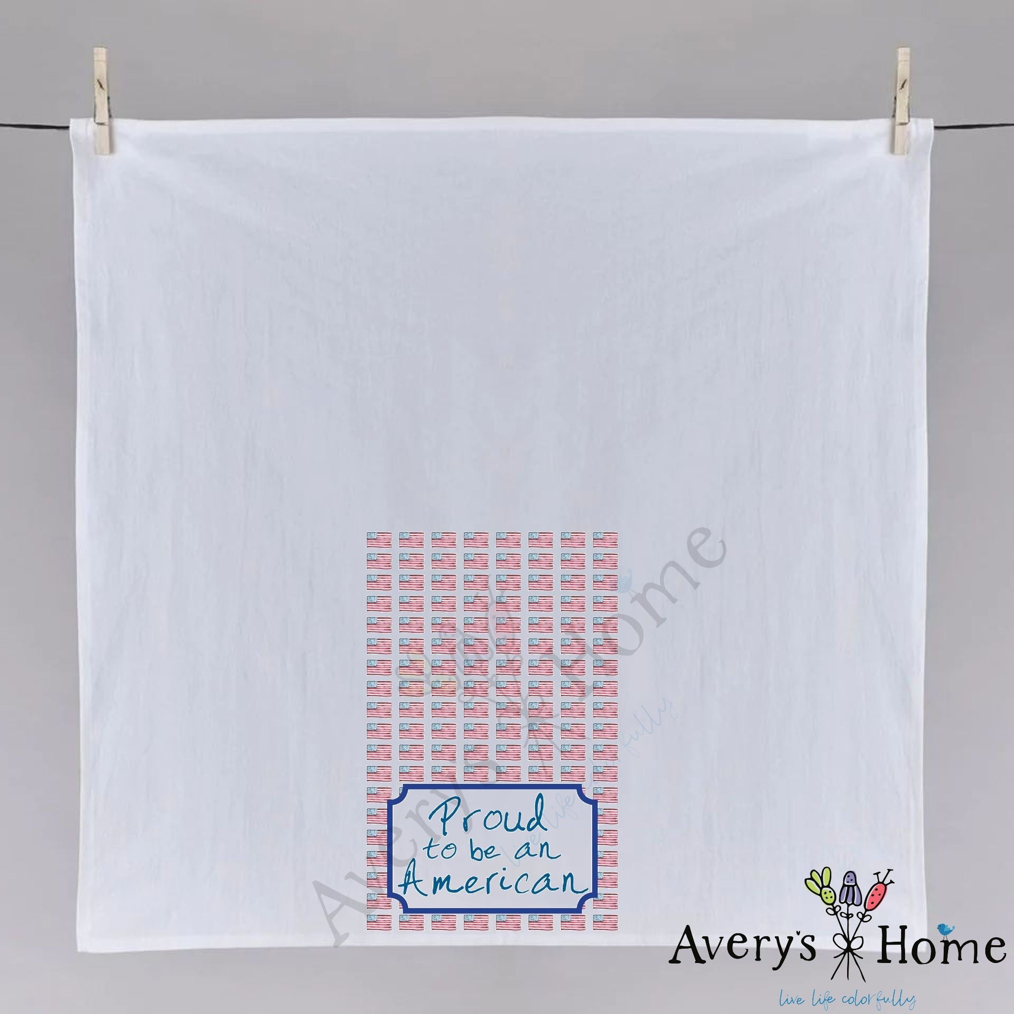 Proud to Be American dish towel folded, hemmed on all four sides