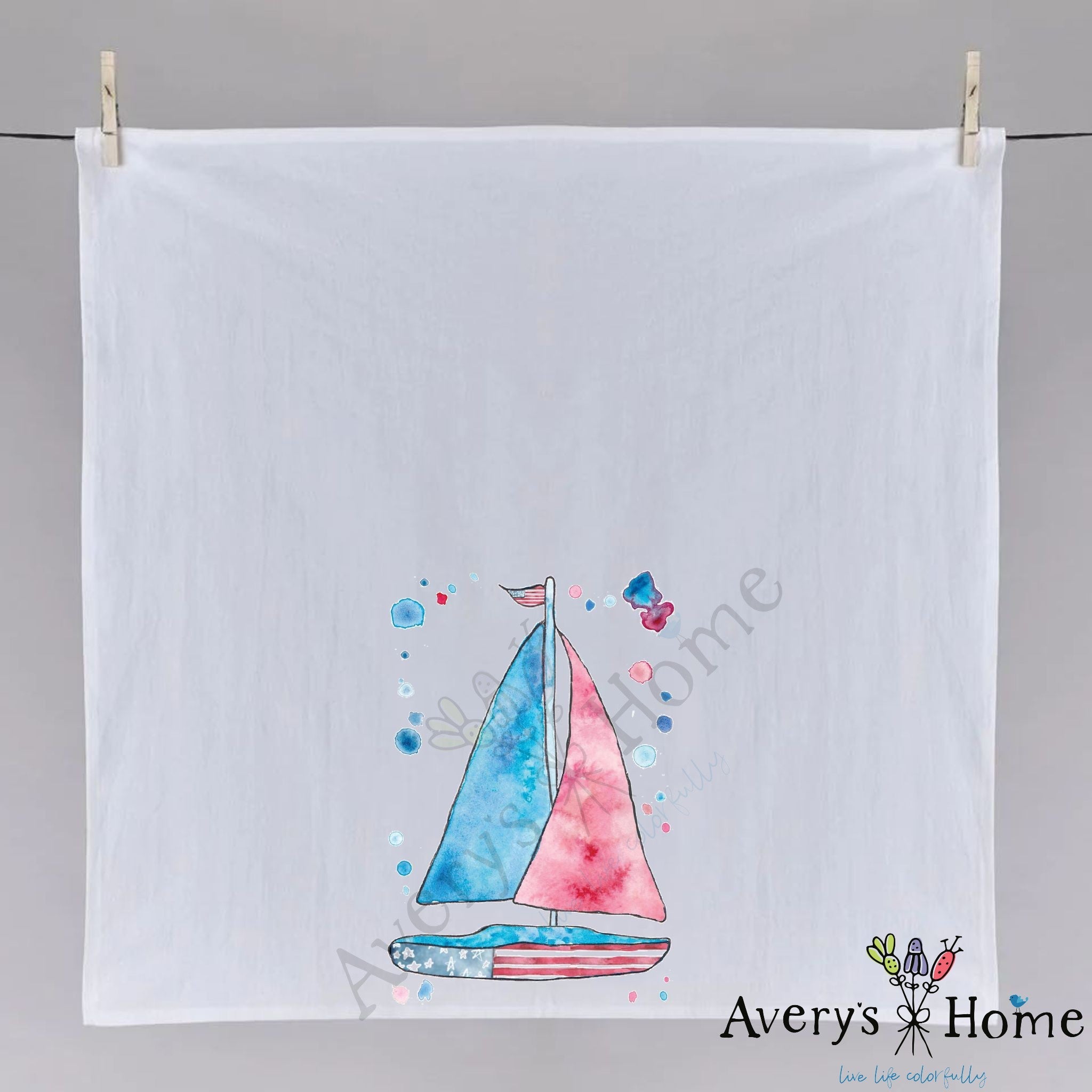 USA Sailboat dish towel folded, hemmed on all four sides