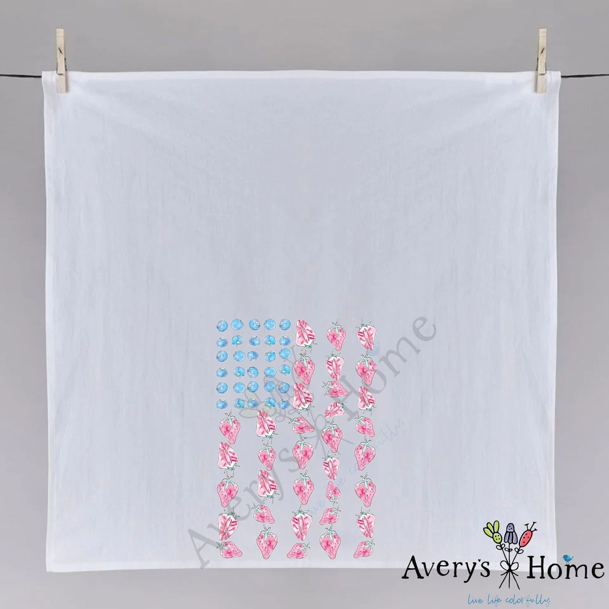 American Flag with Berries dish towel hanging in the kitchen