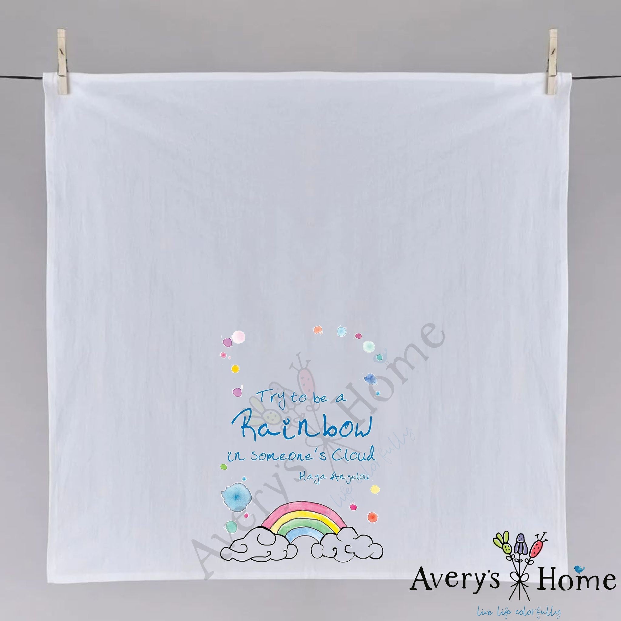 Be a Rainbow dish towel hanging in the kitchen