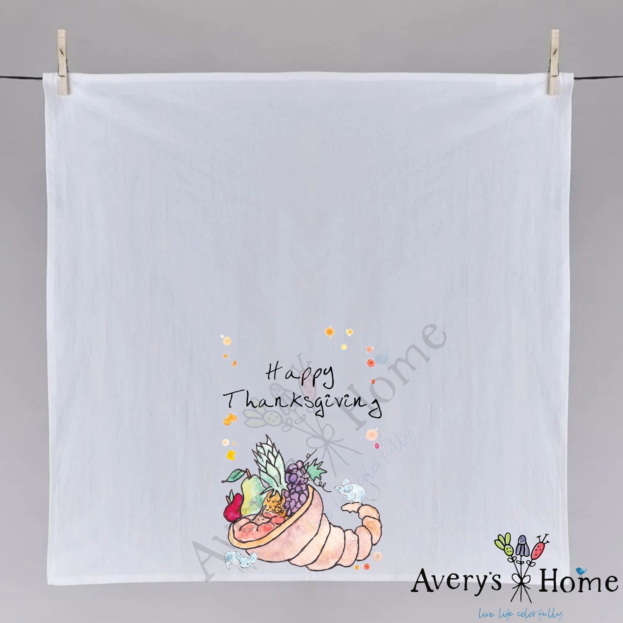 Thanksgiving Cornucopia dish towel hanging in the kitchen