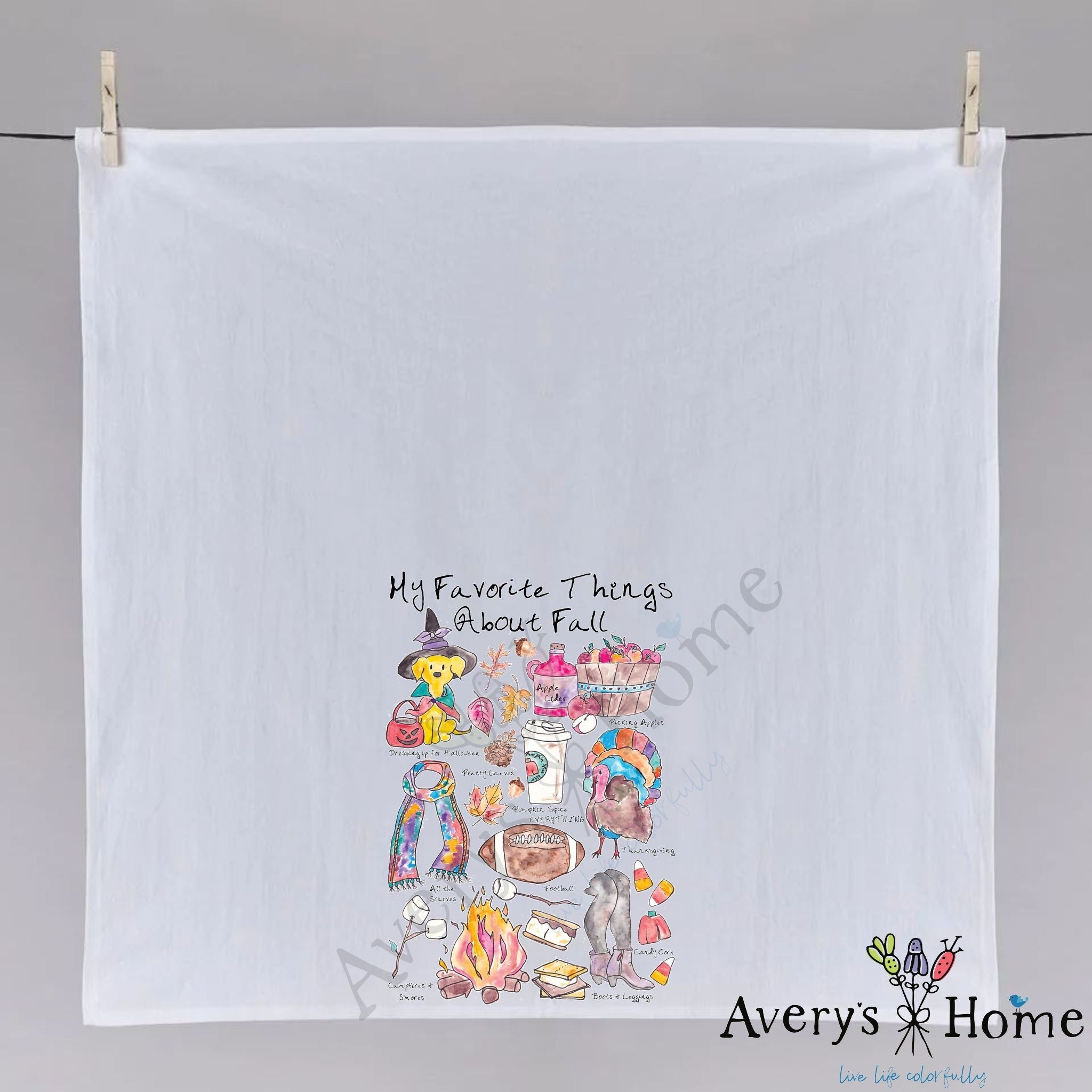 Favorite Things About Fall dish towel hanging in the kitchen
