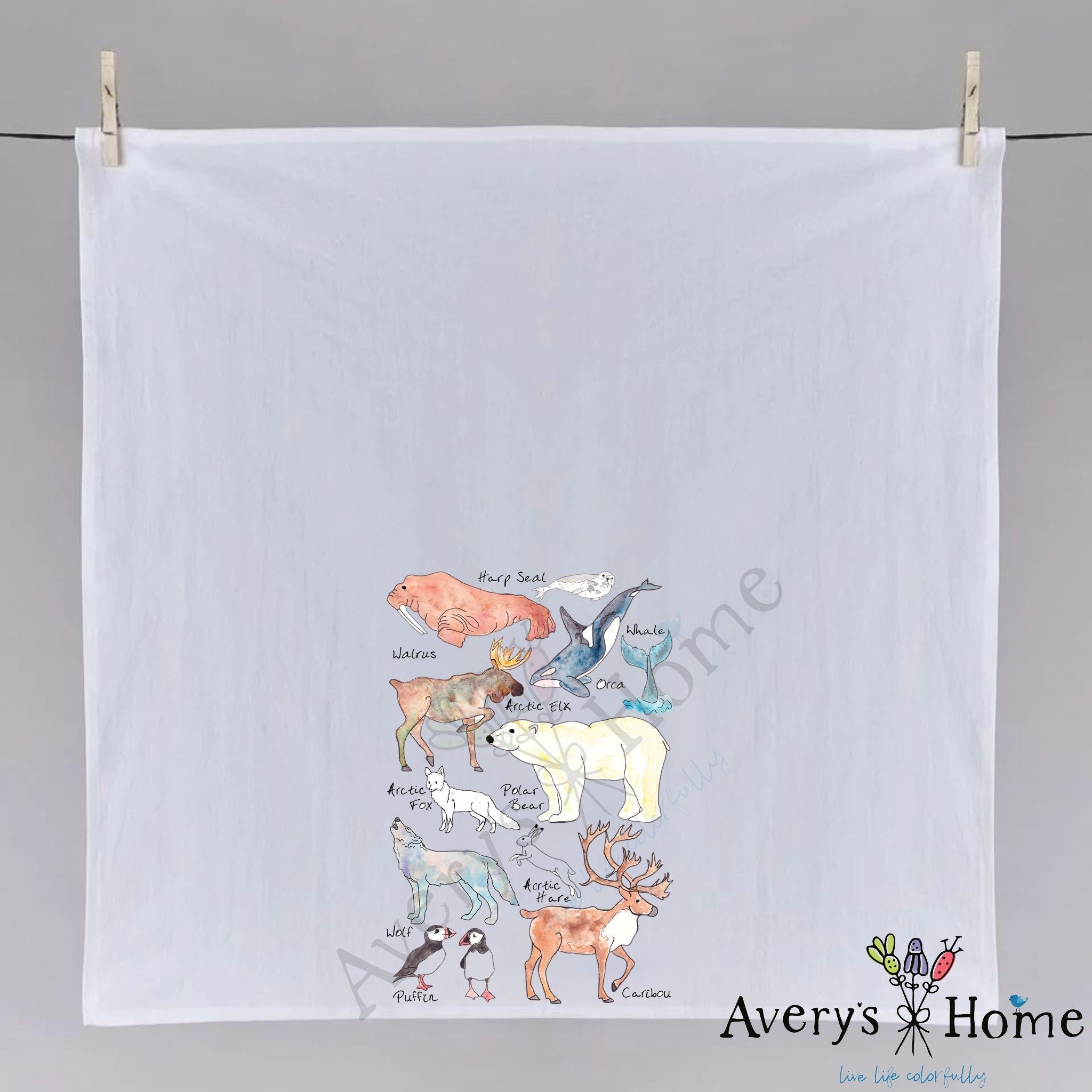 Arctic Wildlife dish towel hanging in the kitchen