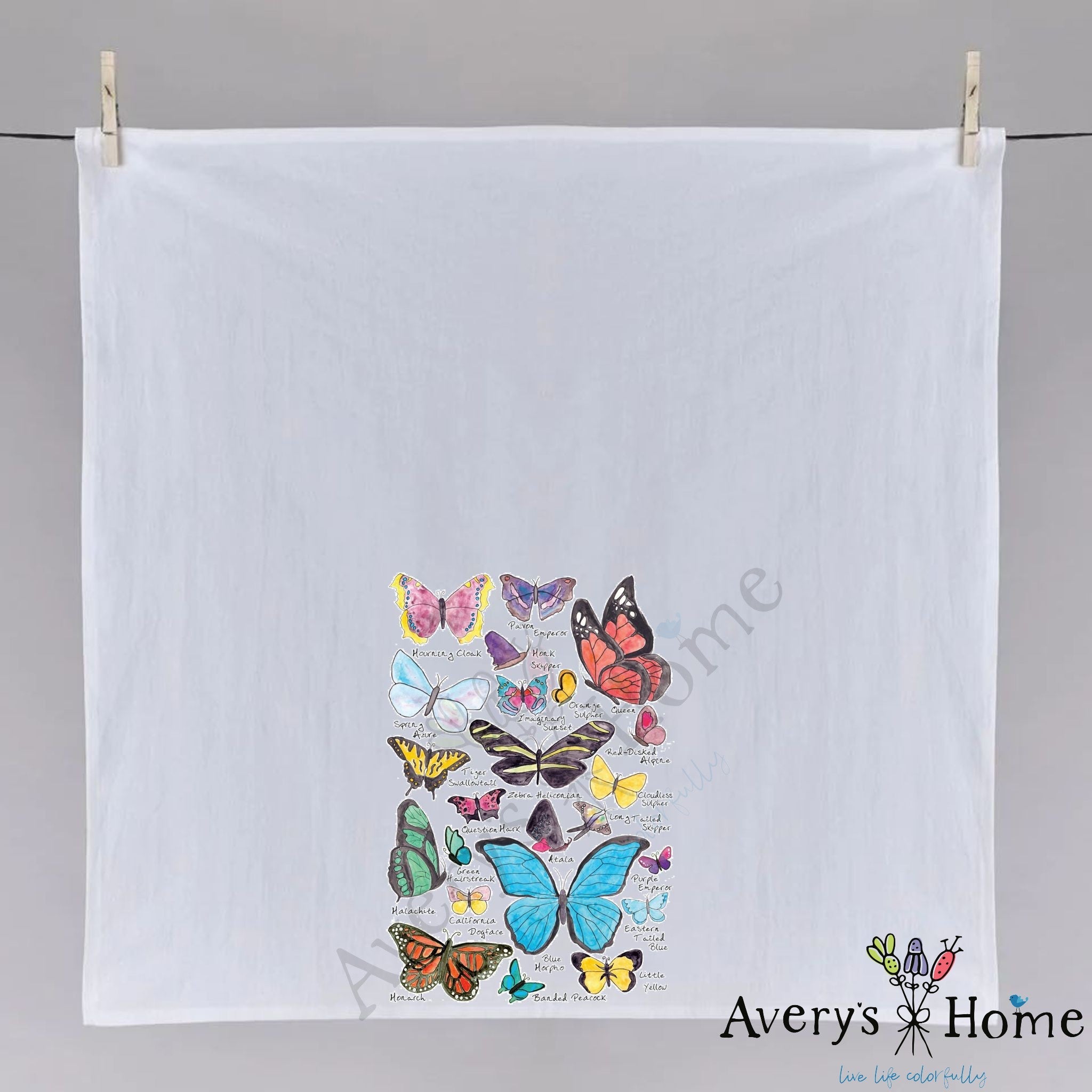 Butterfly Garden dish towel hanging in the kitchen