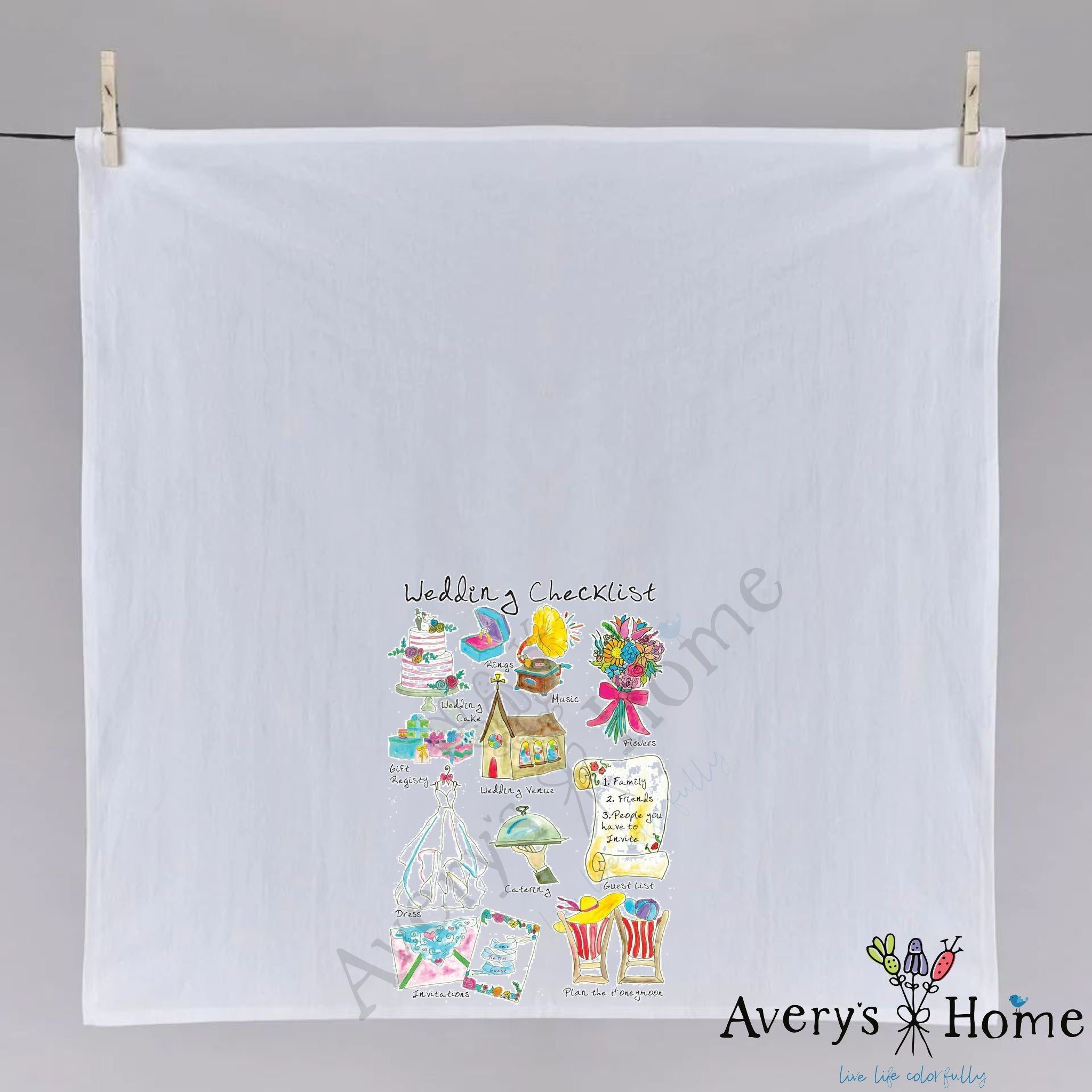 Wedding Checklist dish towel hanging in the kitchen