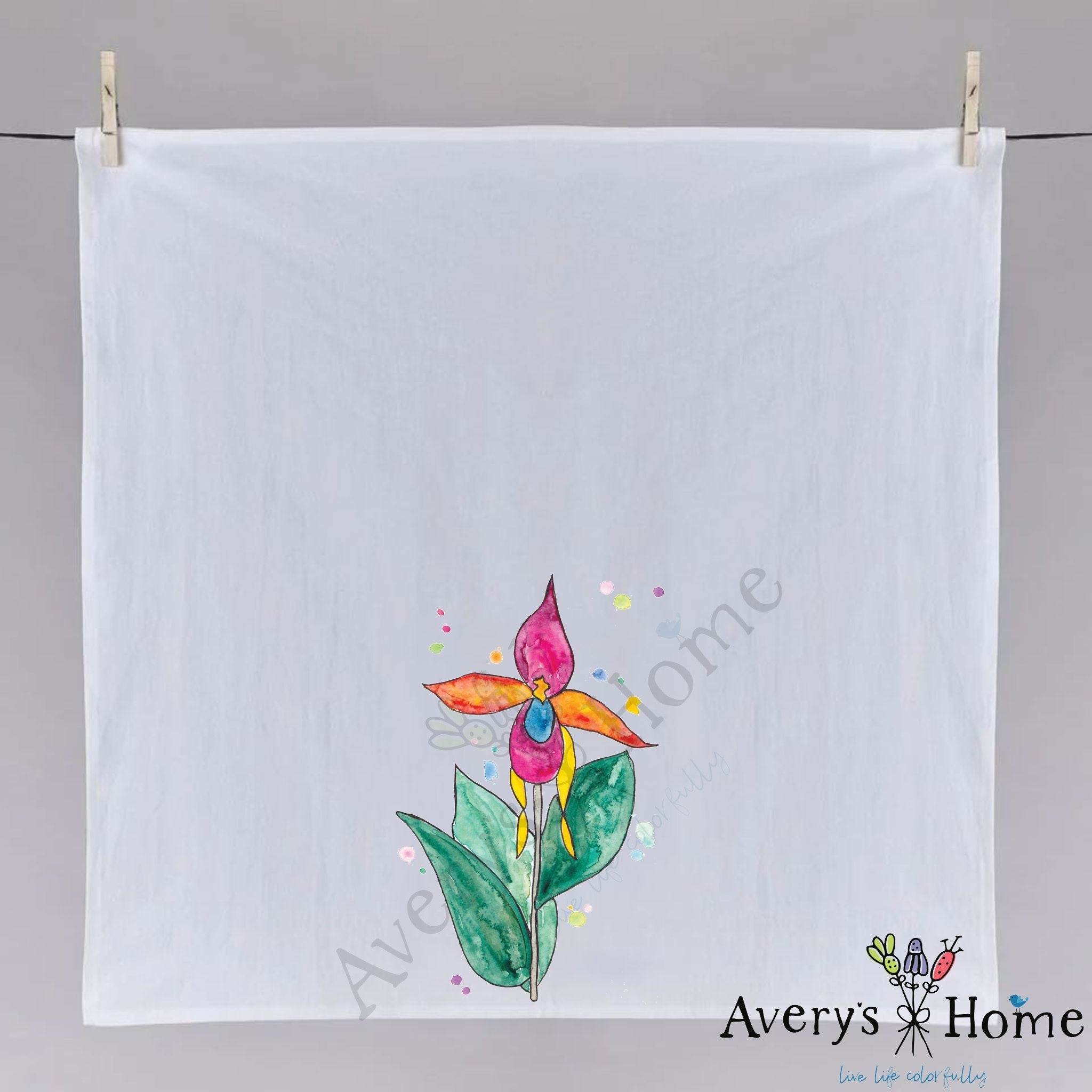 Colorful Flower dish towel hanging in the kitchen