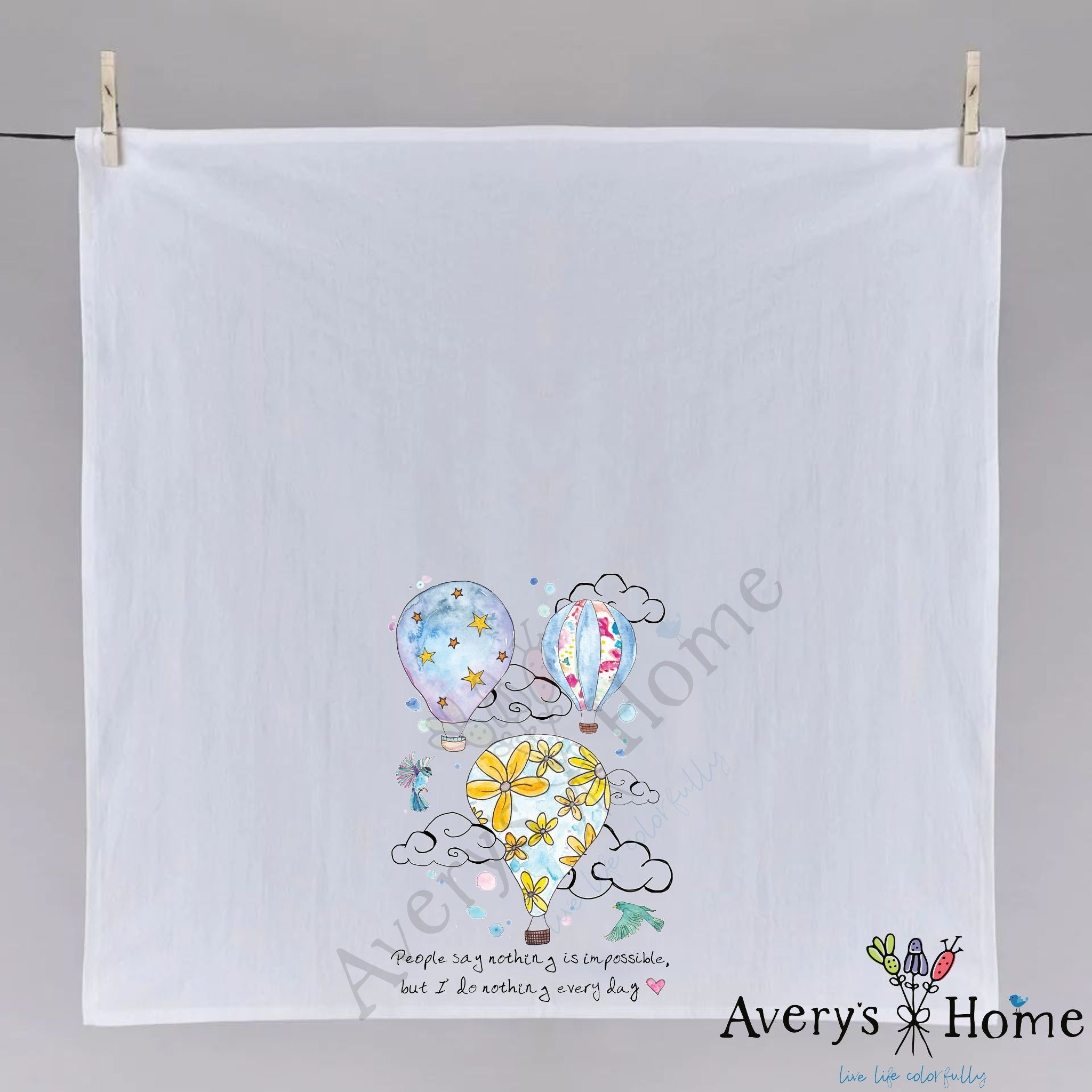 Hot Air Balloon Quote dish towel folded, hemmed on all four sides