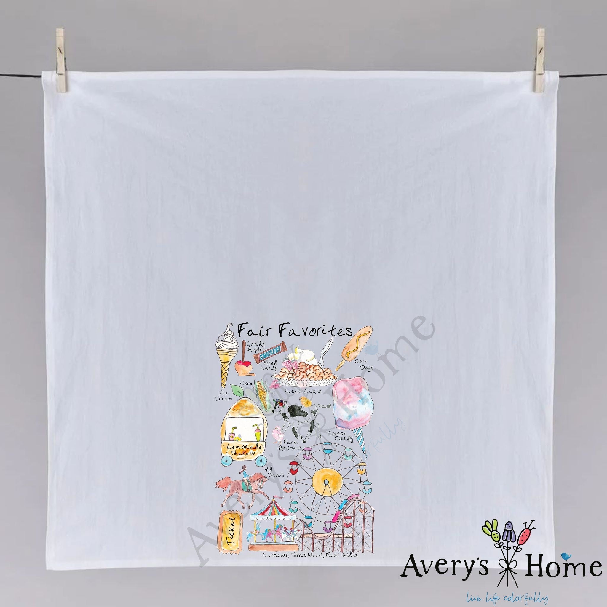 Fair Favorites dish towel folded, hemmed on all four sides