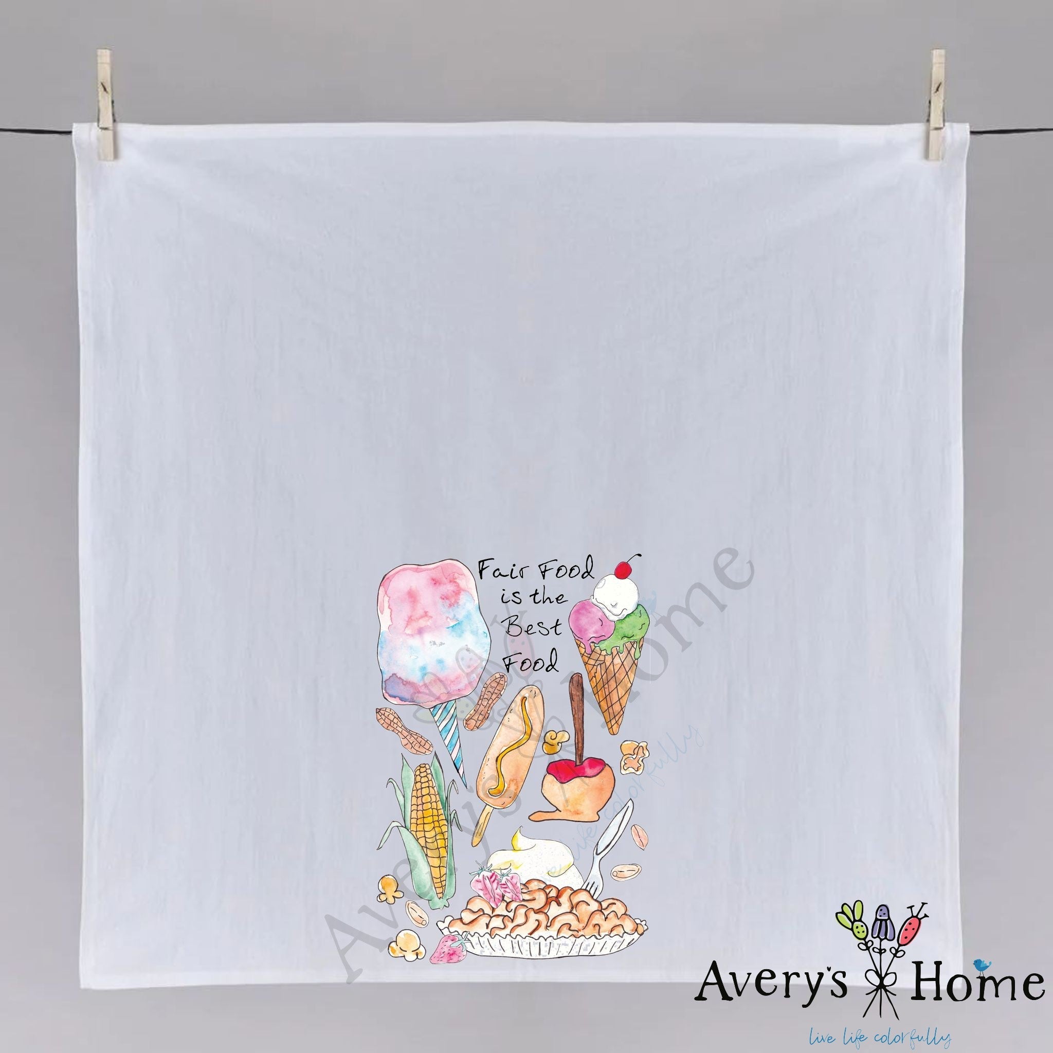 Fair Food is the Best Food dish towel fully open, 27x27 flour sack cotton