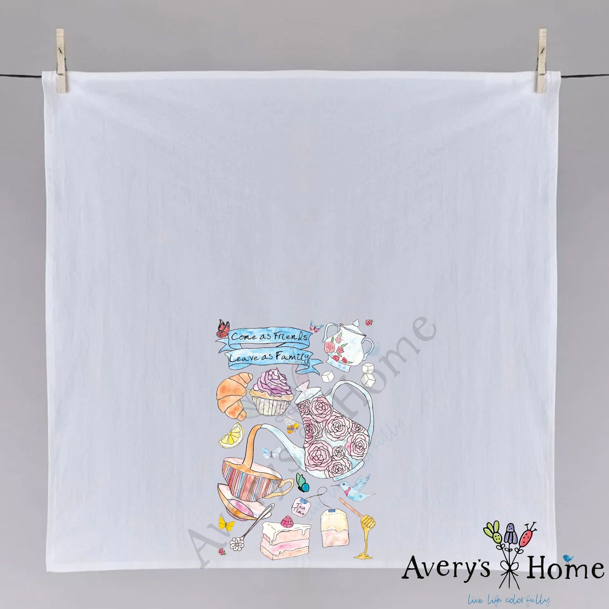 Come As Friends dish towel hanging in the kitchen