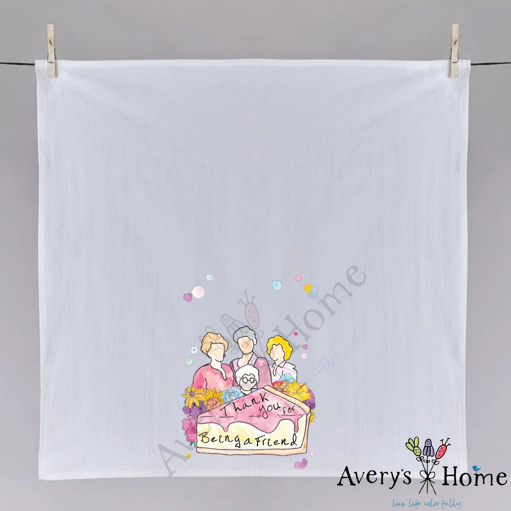 Thank You for Being a Friend dish towel hanging in the kitchen